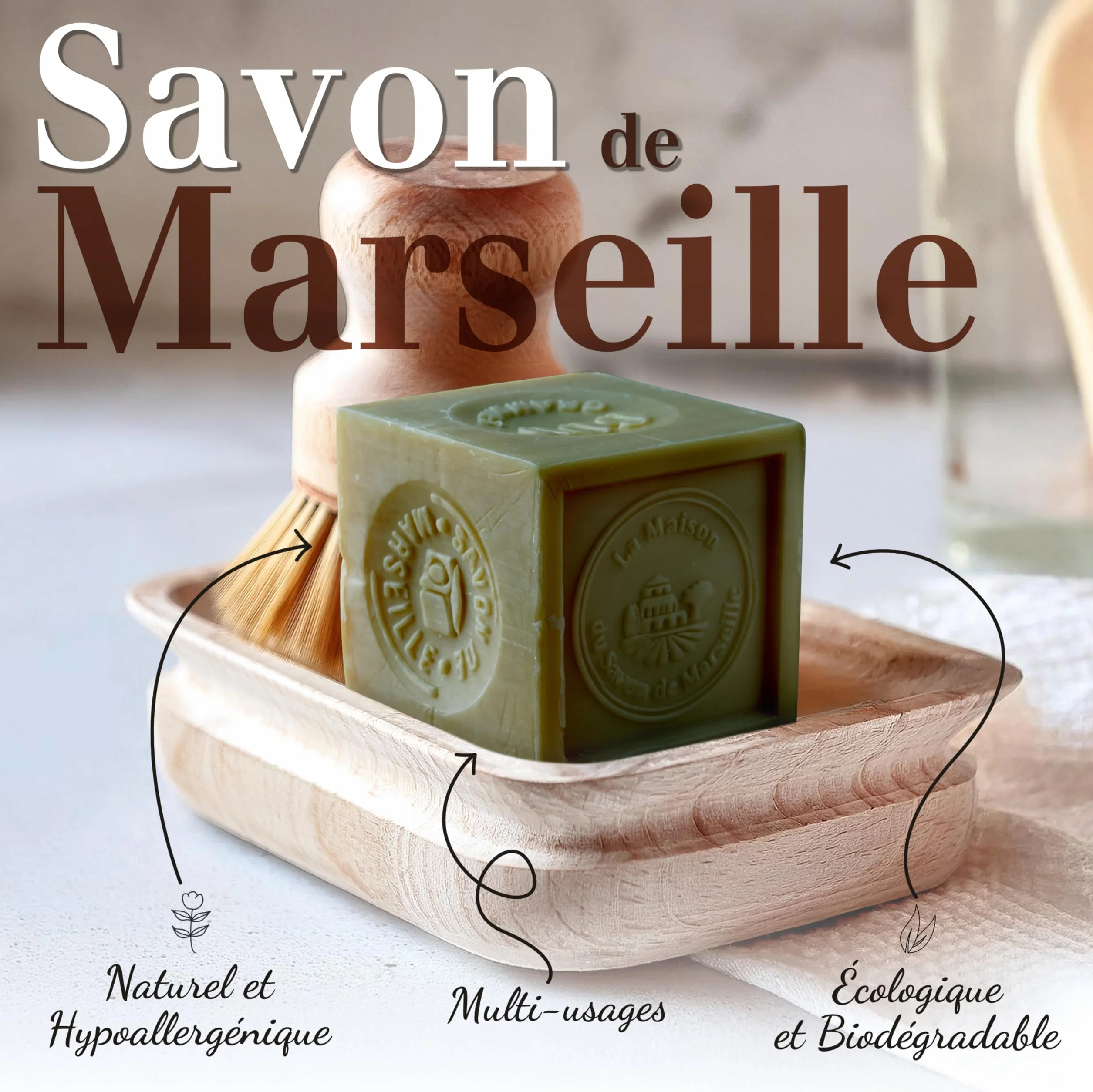 Savon de Marseille Solide 300g 72% Huiles Huile d'Olive & Coprah Cuit au Chaudron