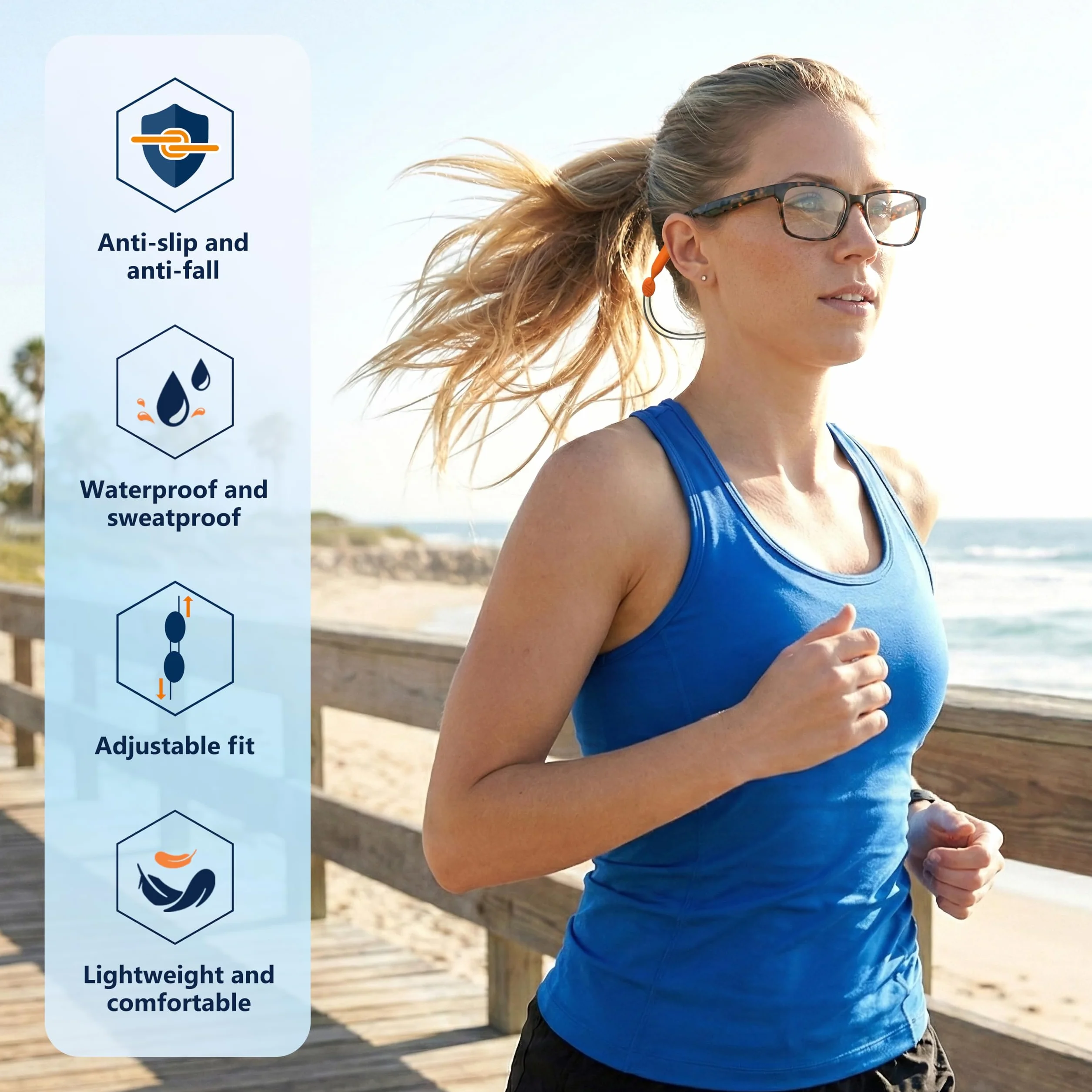 80Days Cordon de lunettes réglable avec embouts en silicone pour lunettes de vue et de soleil