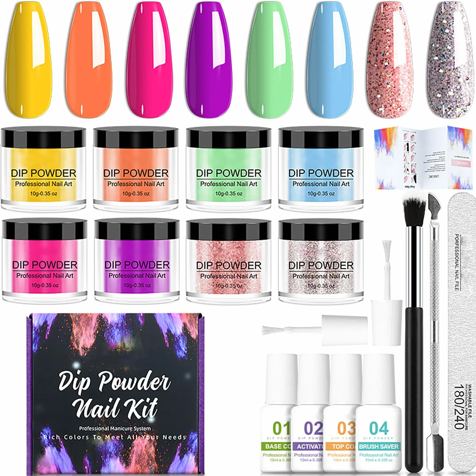 Kit Dip Powder 8 Couleurs Manucure Professionnel avec Activateur Base Top Coat French Set 02