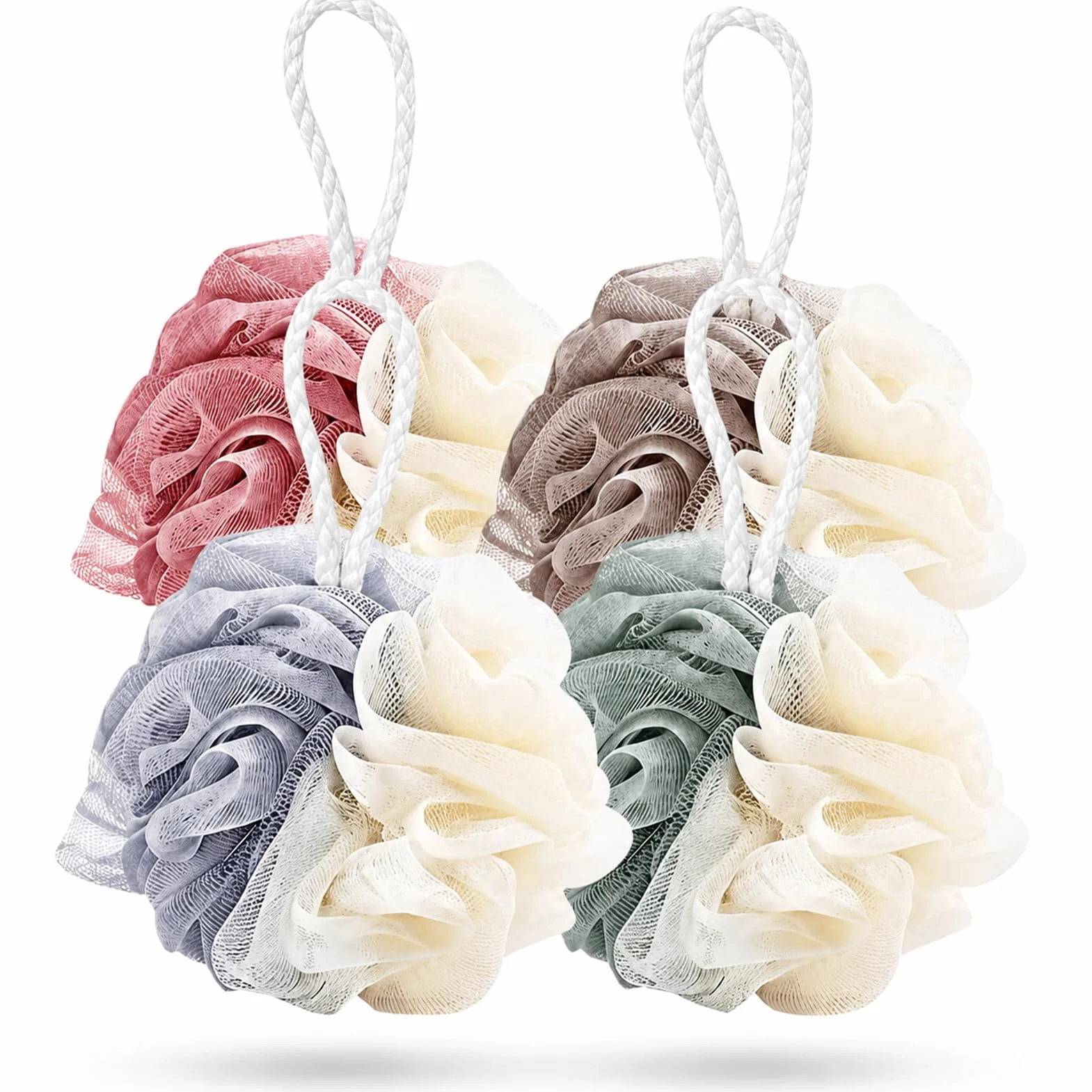 Lot de 4 éponges de douche exfoliantes en maille bicolores, loofah mesh sponge