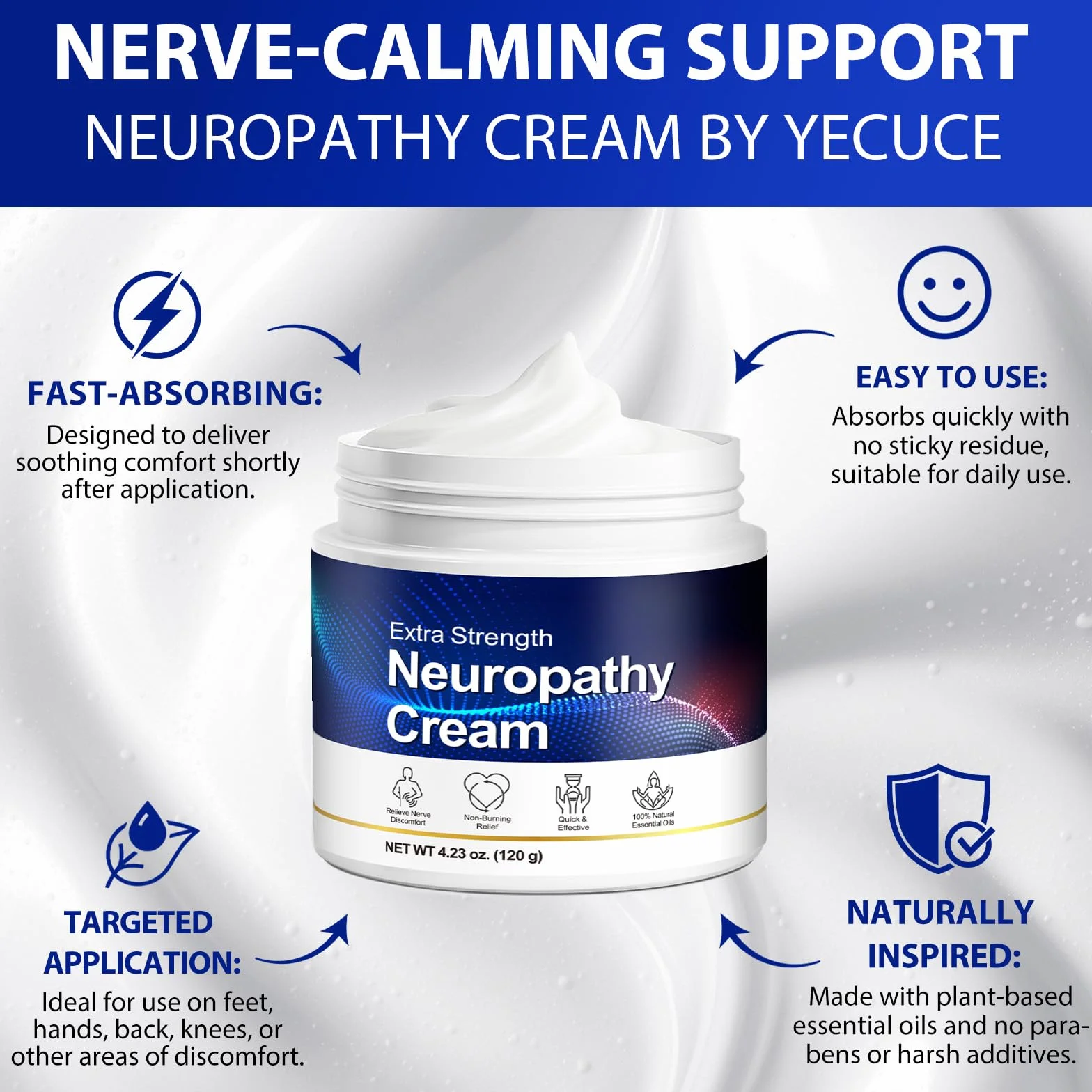 Crème pour la Neuropathie des Pieds à l'Arnica - 120g, Absorption Rapide, Non Grasse, Hydratante pour Peaux Sensibles