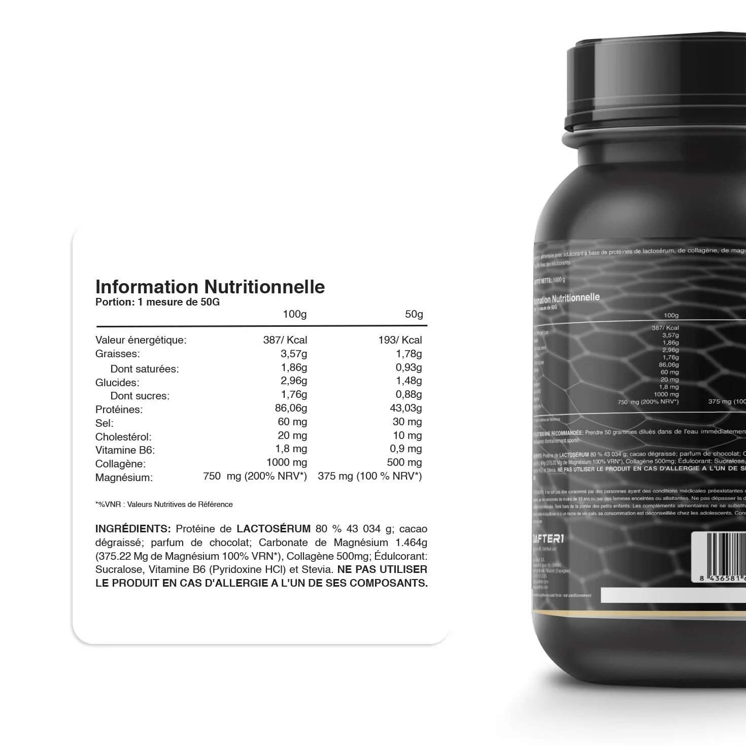 Healthy Fusion Whey Protein 43 g/dose Protéine Whee Pure avec Collagène Magnésium Vitamine B6 Chocolat 1kg