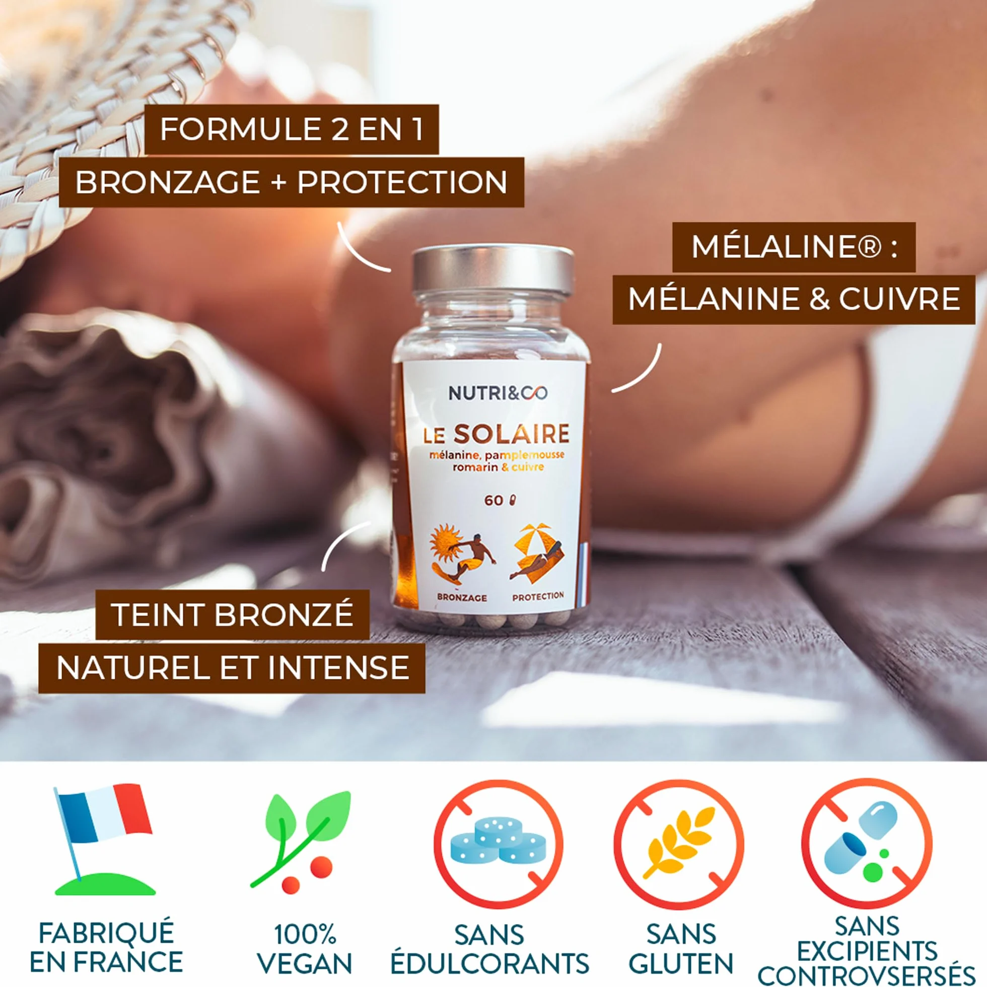 NUTRI & CO Le Solaire Formule 2en1 Préparateur Accélérateur de Bronzage Complément Alimentaire Solaire 60 gélules Fabriqué en France