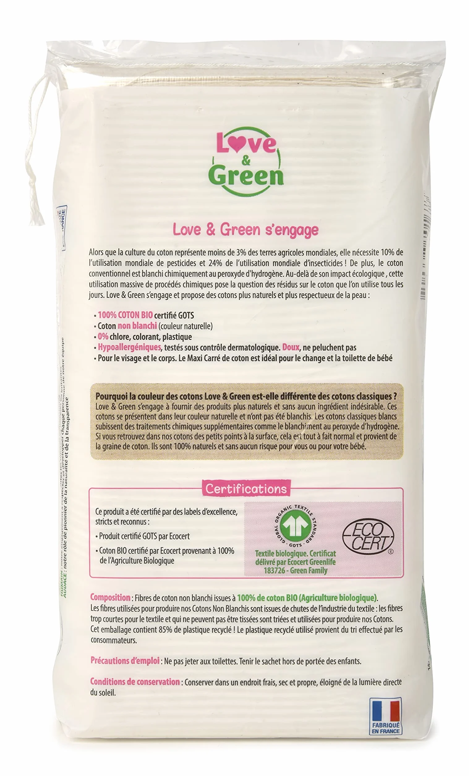 Love & Green Cotons Maxi Carrés Hypoallergéniques x70 Change et Toilette Bébé 100% Bio Fabriqués en France