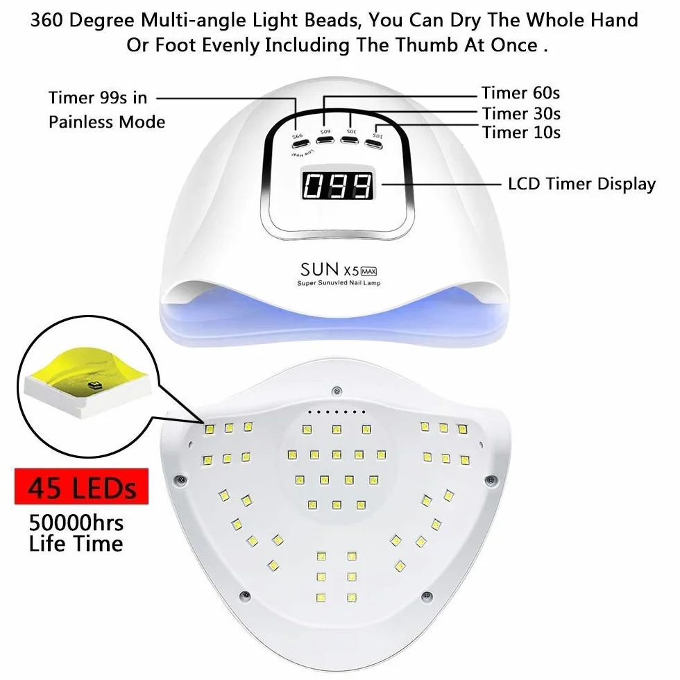 Lampe sèche-ongles 150W, Lampe à ongles UV LED pour ongles en gel, avec réglages de minuterie 10s/30s/60s/99s, capteur infrarouge, écran LCD