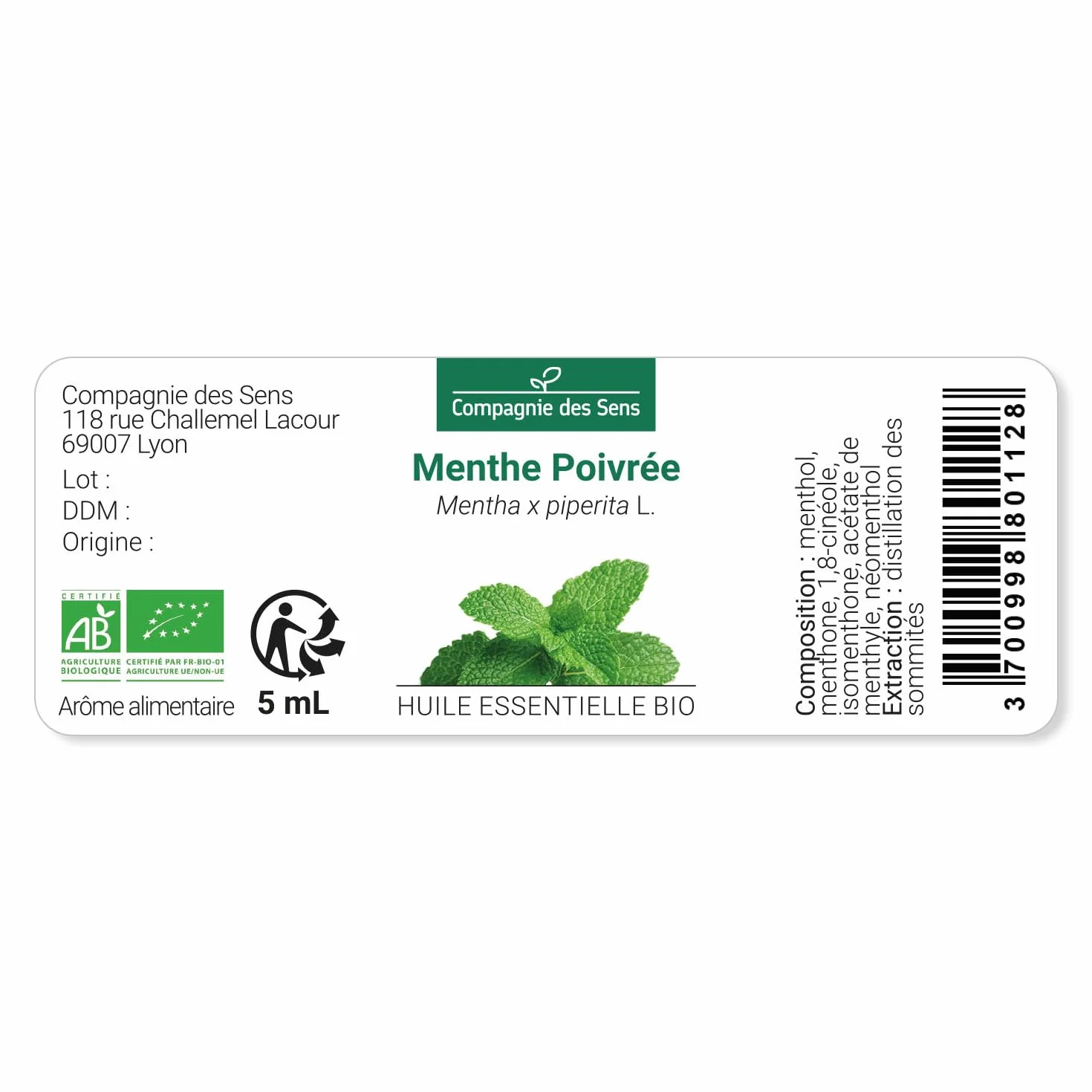 Huile Essentielle MENTHE POIVRÉE BIO 5mL 100% Pure Naturelle ChromaCert® Chémotypée Intégrale
