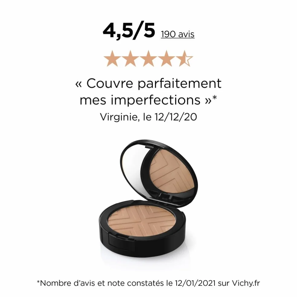Vichy, Dermablend Covermatte, Fond de Teint Poudre Compacte, Anti-Imperfections, Longue Tenue 12H, Haute Couvrance, SPF 25, Adapté aux Peaux Sensibles, Teint : Gold 45, 9,5 g