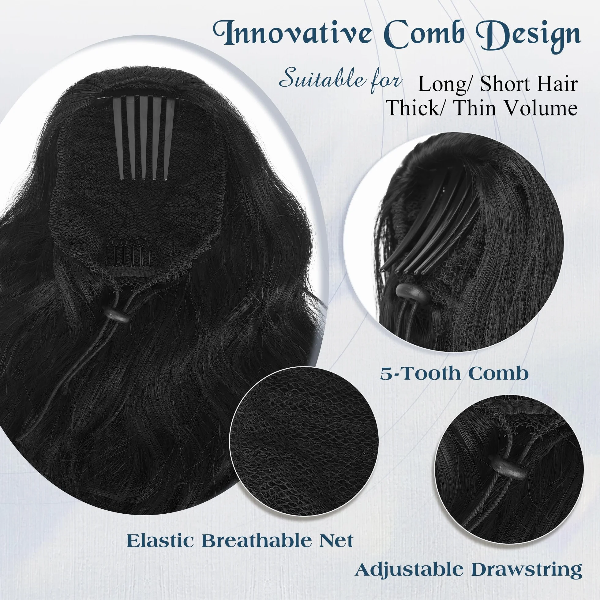 FESHFEN Postiche Queue de Cheval Noir Ondulé Longues, Extension Ponytail Cheveux avec Peigne Ponytails Bouclé Naturel Cordon Synthétique Postiches pour Femmes, 60 cm