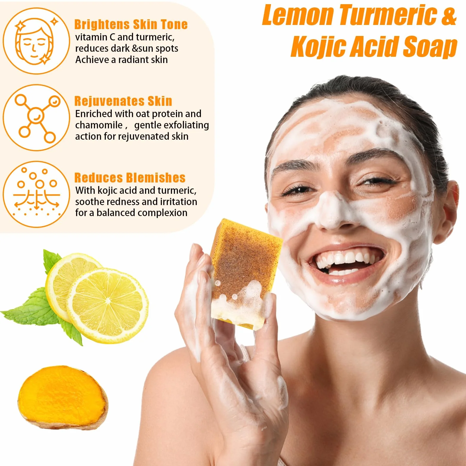 Savon au curcuma au citron éclaircissant nettoyage en profondeur peau lisse acide kojique visage corps
