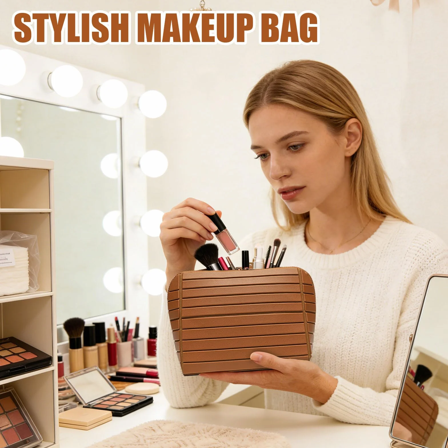 Trousse de maquillage de voyage parallèle pliable étanche avec compartiments, marron