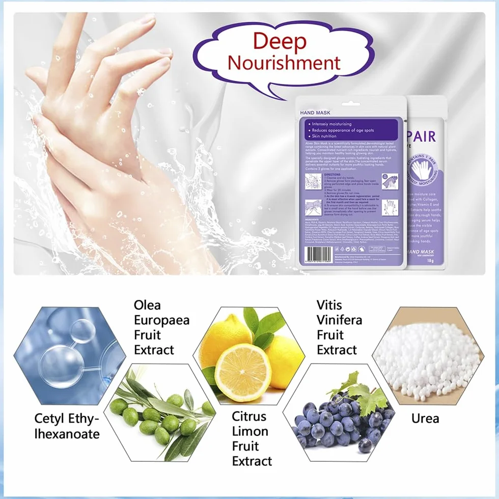 Gants Hydratants pour Mains avec Collagène, Sérum et Vitamines, 5 Paires, Lavande, Blanchissant Anti-âge