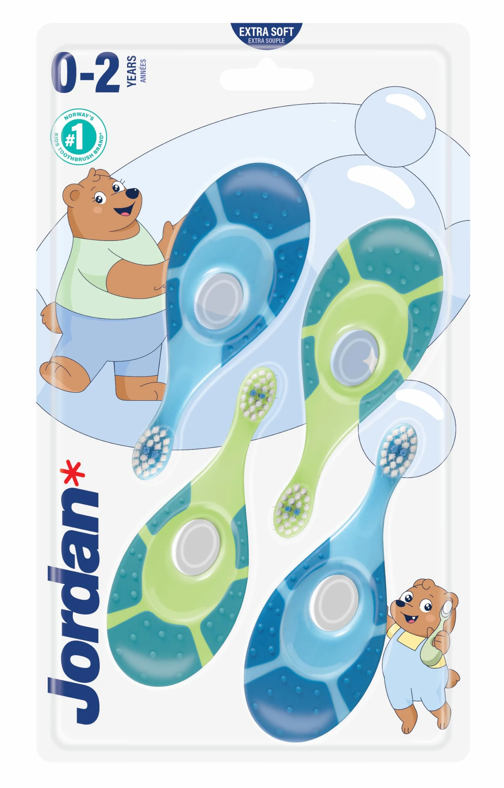 Jordan Brosse à dents bébés 0-2 ans poils extra doux anneau morsure gencives Bleu Vert 4 unités