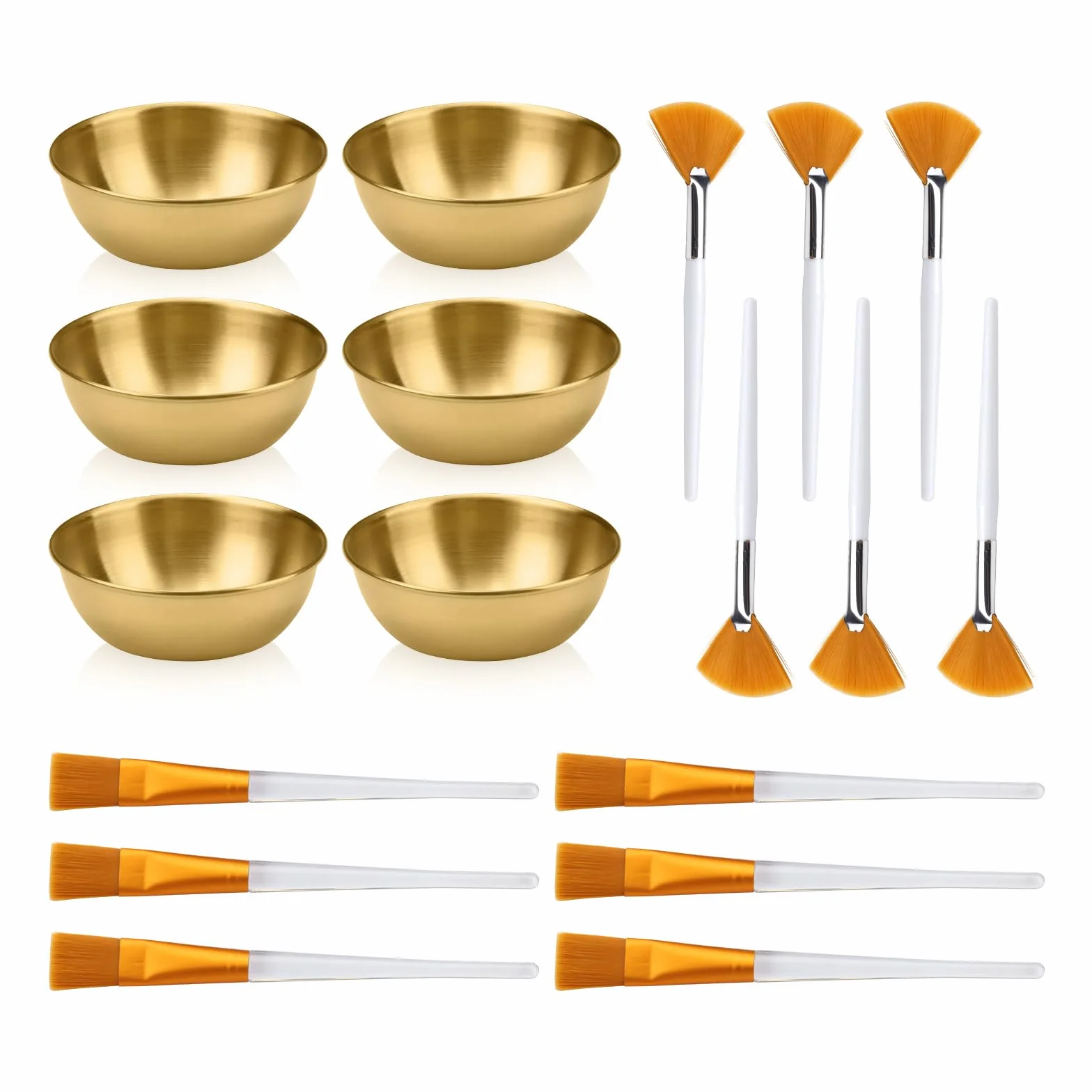 Lot de 18 bols et brosses en acier inoxydable, 12 pinceaux plats et éventails pour soins de la peau pour le visage avec 6 bols mélangeurs, outil applicateur cosmétique pour le visage, fournitures