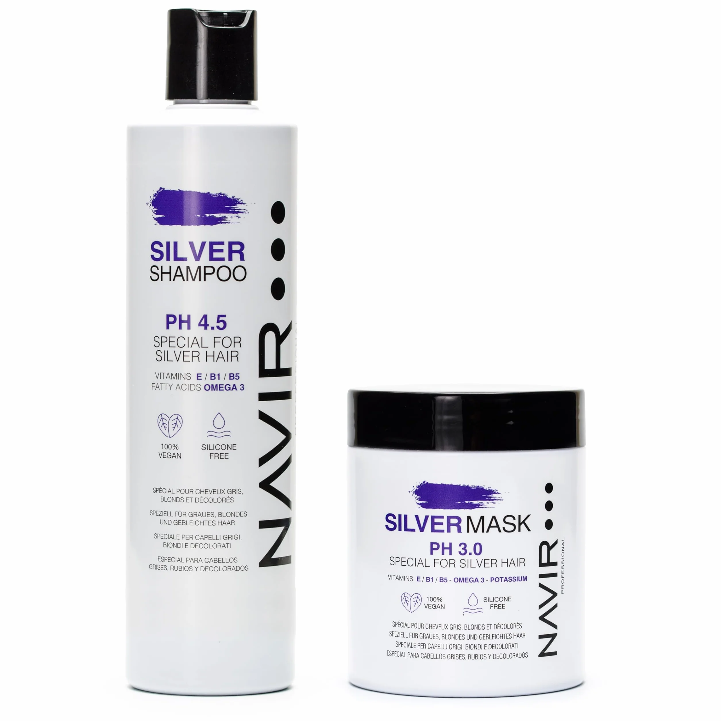 NAVIR Silver Traitement déjaunisseur professionnel pour cheveux blonds, décolorés, méchés, blancs et gris | Shampooing 300 ml + Masque 250 ml