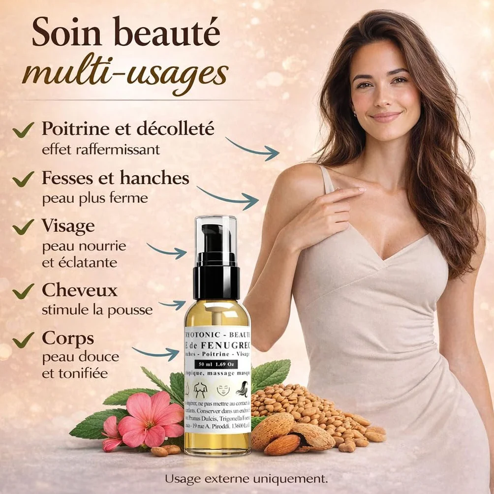 Huile de Fenugrec pour Poitrine, Fesses, Hanches, Cheveux | 100% naturelle, bio (50 ml)