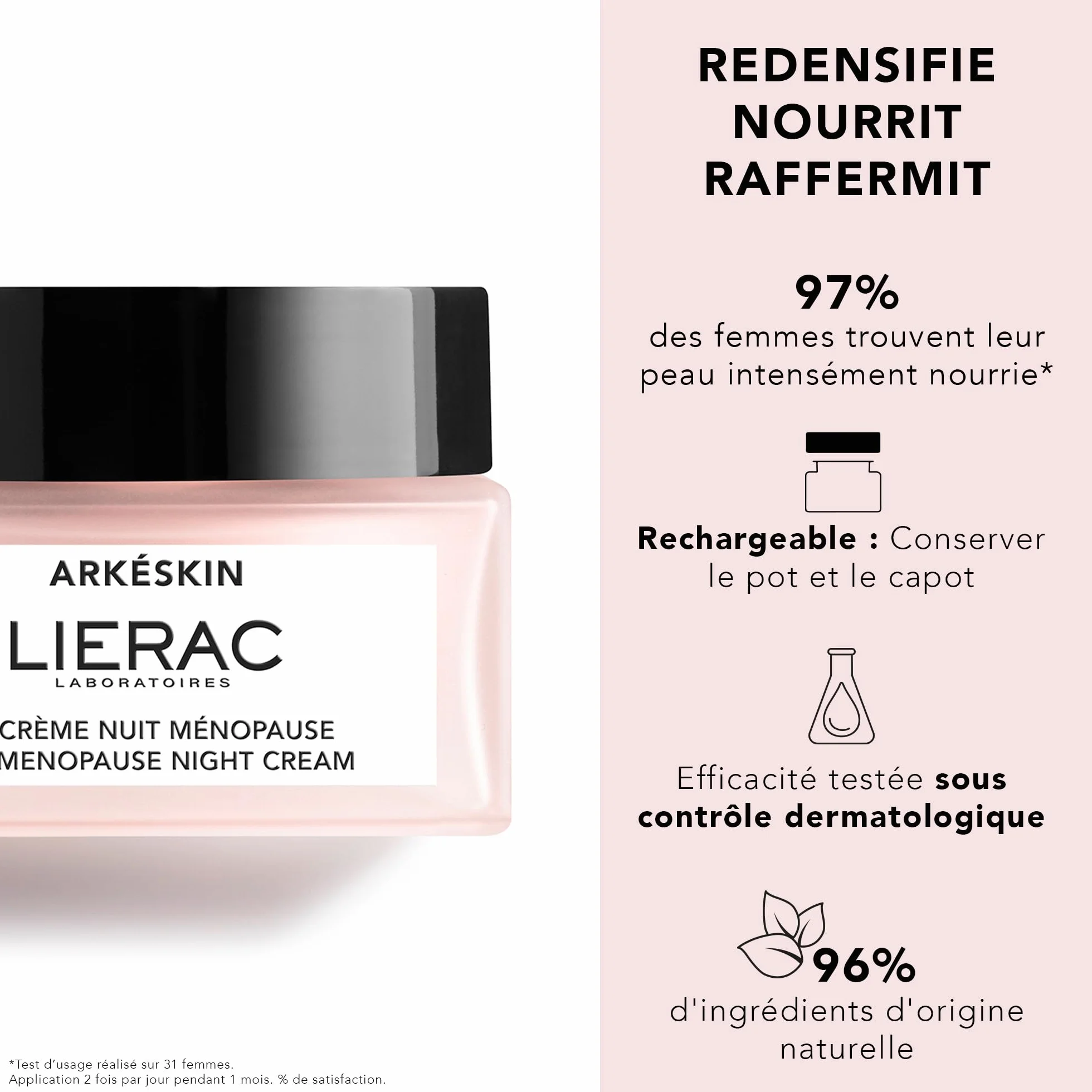 Liérac - Arkéskin - Crème de Nuit Ménopause - Crème Visage Femme Corrigeant les Signes Visibles de la Ménopause - Bio-Peptide et Acide Hyaluronique - Raffermit, Nourrit et Hydrate la Peau