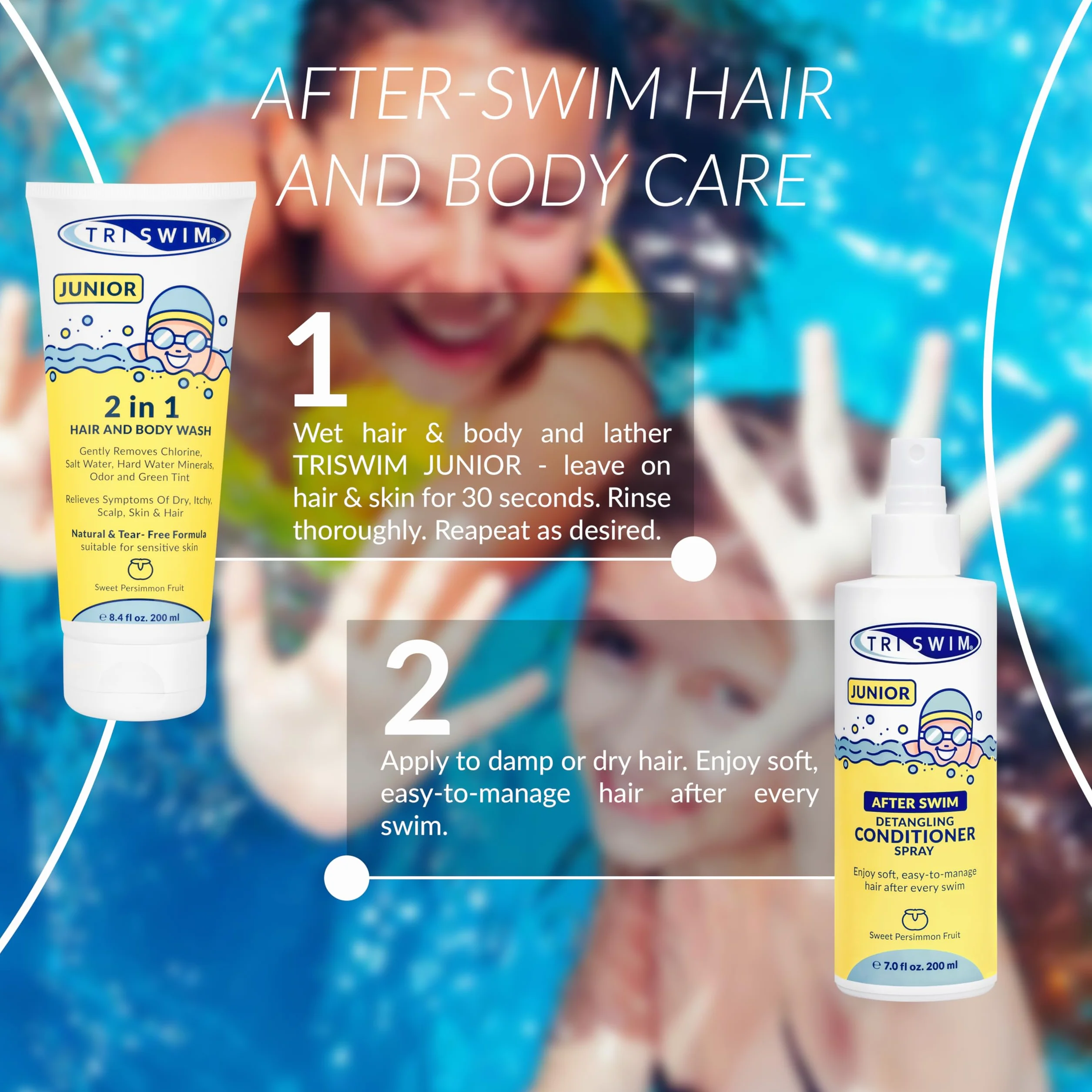 TRISWIM Après-shampoing démêlant Junior After Swim pour Enfants - Protège et répare cheveux endommagés par chlore, eau salée