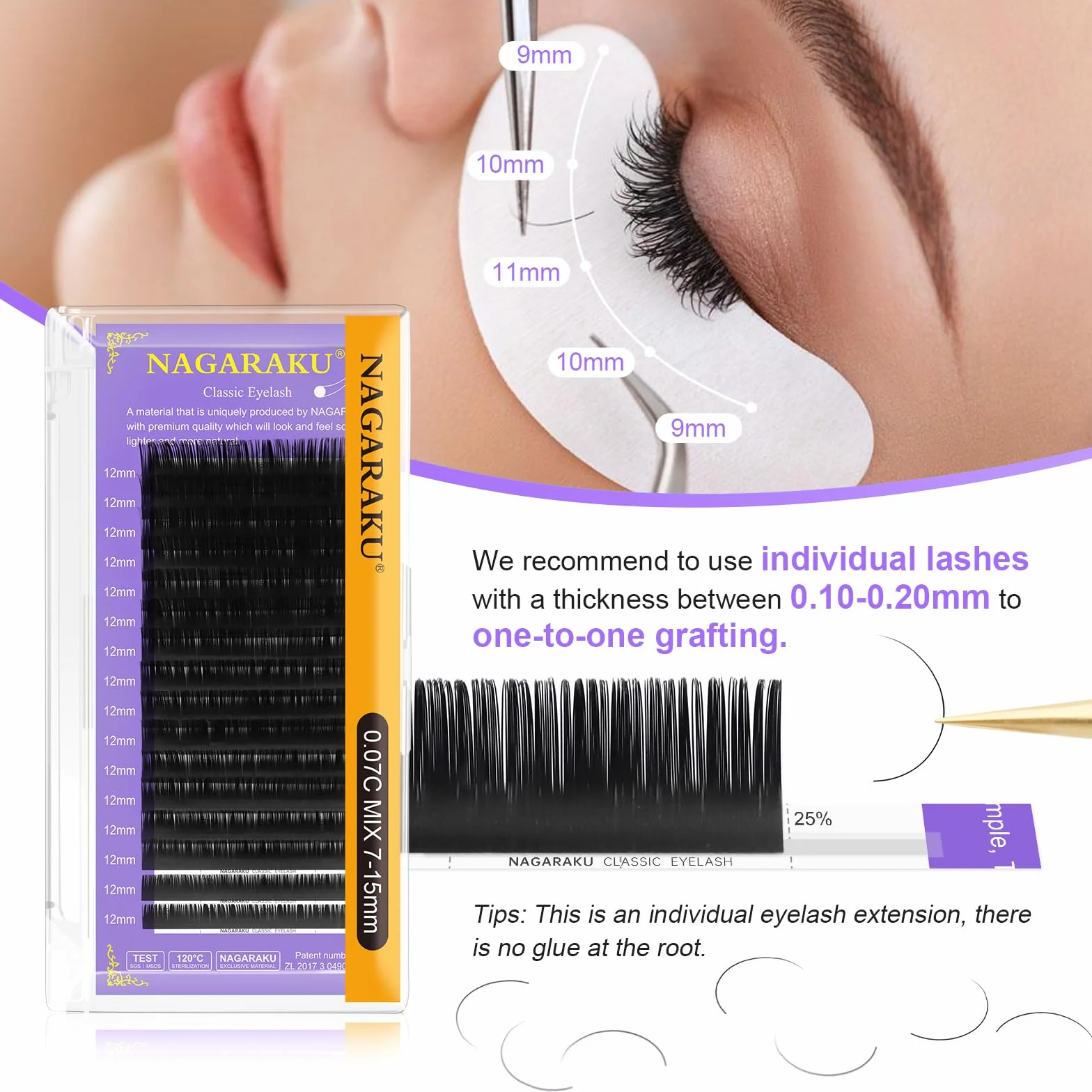 NAGARAKU Extension de Cils Individuel Volume Unique Doux Naturels Fins Russe Classique 1:1 Eyelash Boucle Stable Léger Lash Noir 16 Rangées 0.15mm C Curl 7-15mm