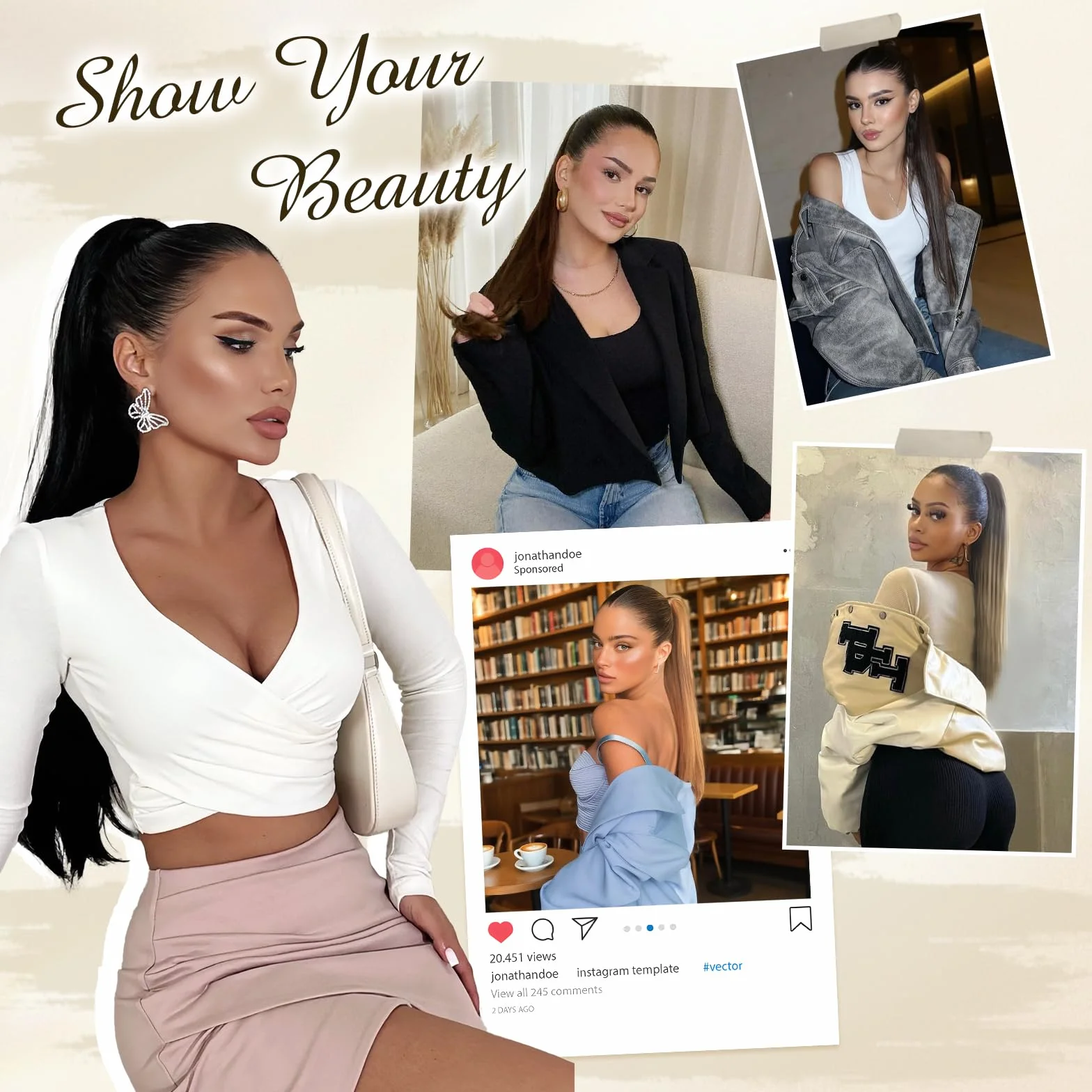 FESHFEN Queue de Cheval Lisse Pince - Postiche Cheveux Naturel Longue Raides Postiches Brun Foncé et Auburn Clair Synthétique Fausse Claw Clip Ponytail Extensions pour Femmes, 63 cm
