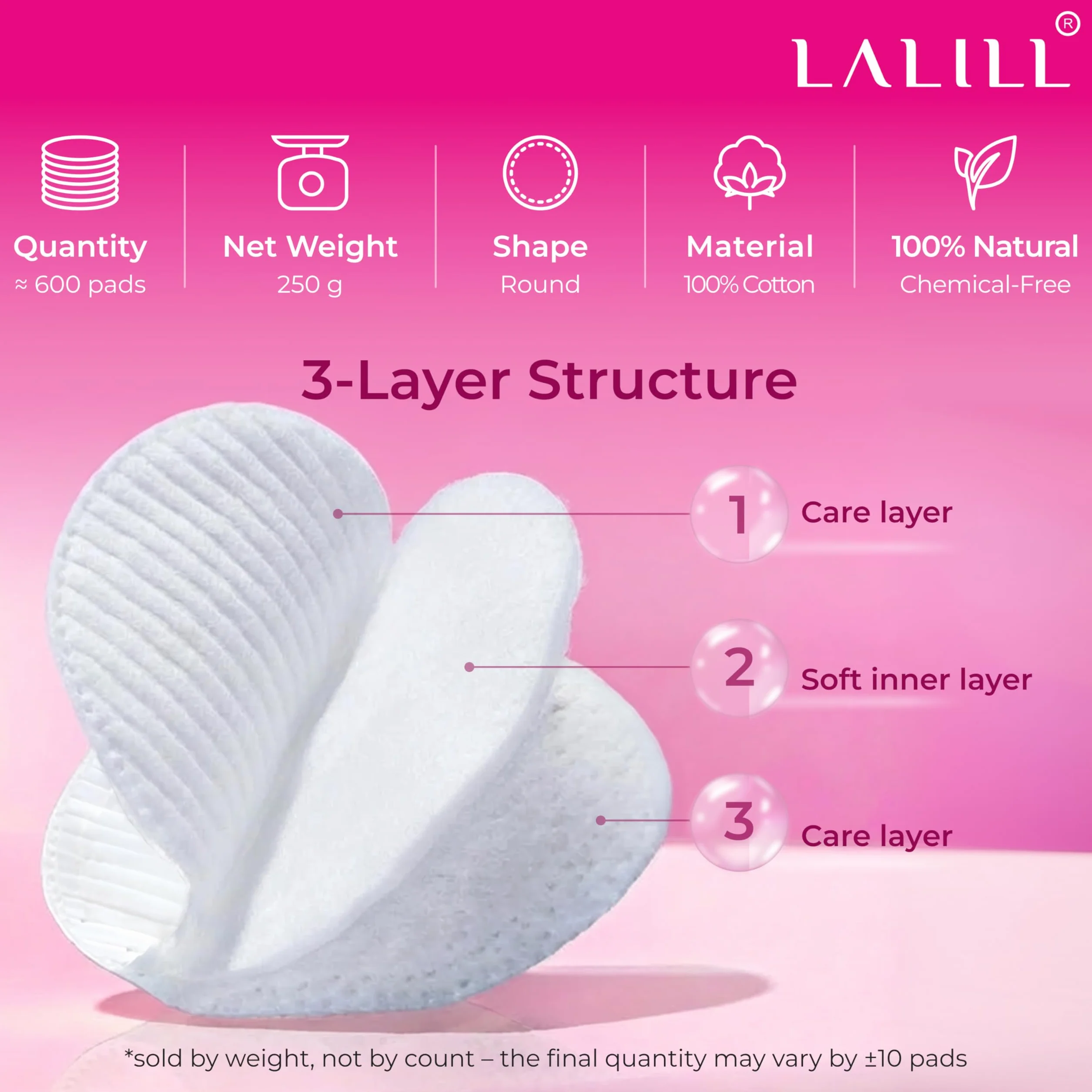LALILL Tampons de Coton 600 Pièces – Cotons Démaquillants non Pelucheux – Nettoyage du Visage