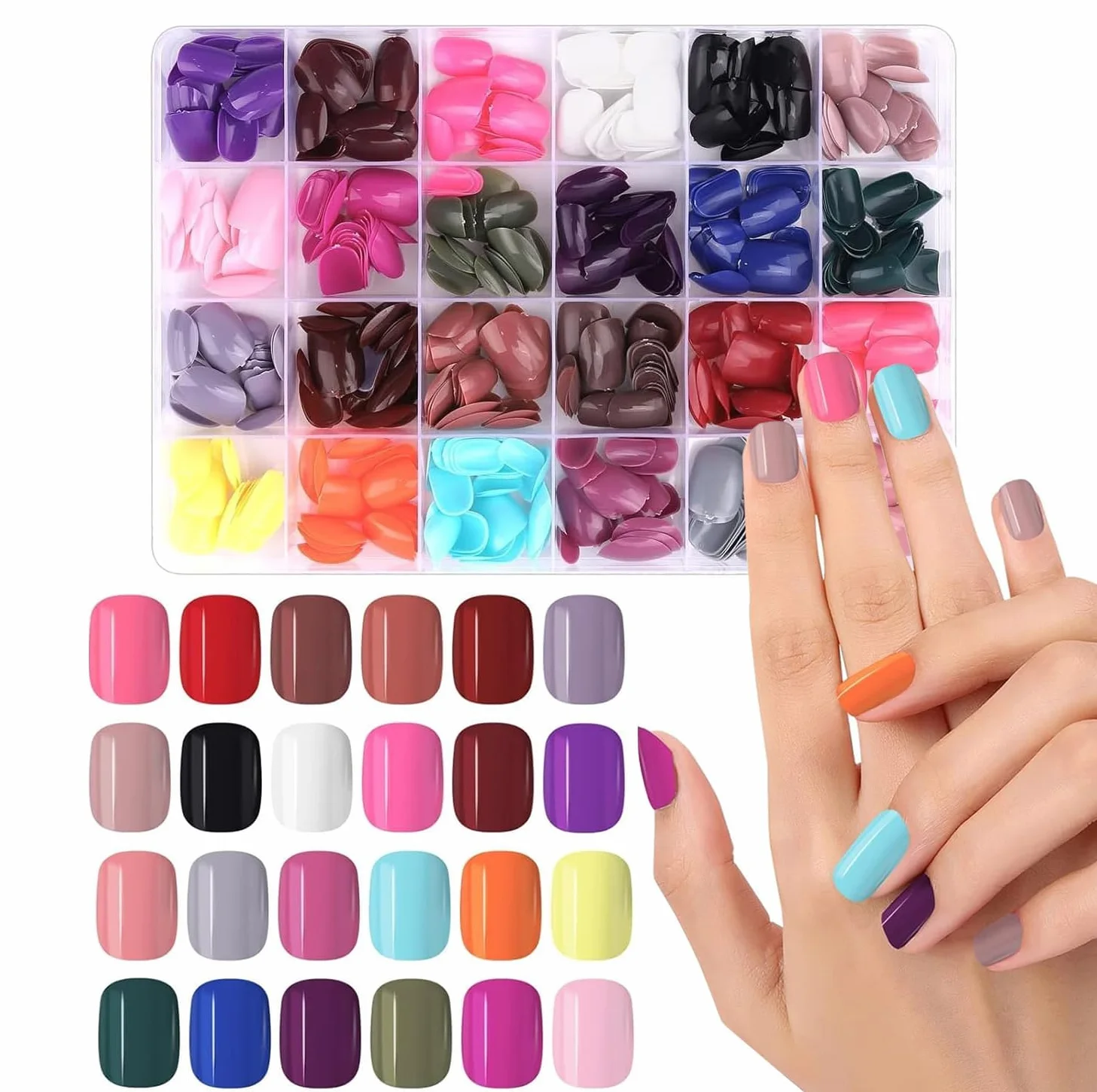 576 Pièces Faux Ongles Courts Colorés Ronds EBANKU Faux Ongles Couverture Complète Ongles Acryliques Artificiels Nail Art Tip Ongle Naturel Short Manucure pour Femmes et Filles(24 Couleurs)