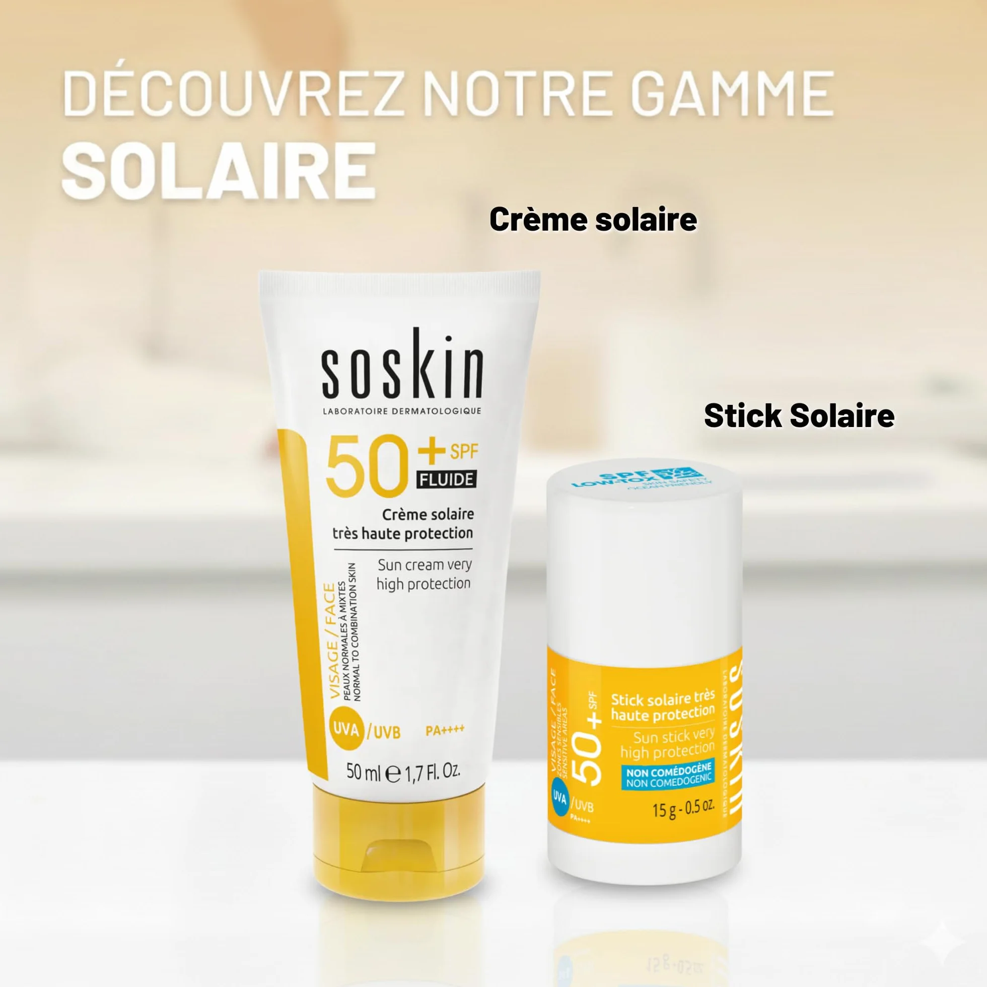 Soskin Stick Solaire SPF50 Très Haute Protection Visage Zones Sensibles Résistant à l’Eau Anti-Brillance Protection UVA/UVB 15 g