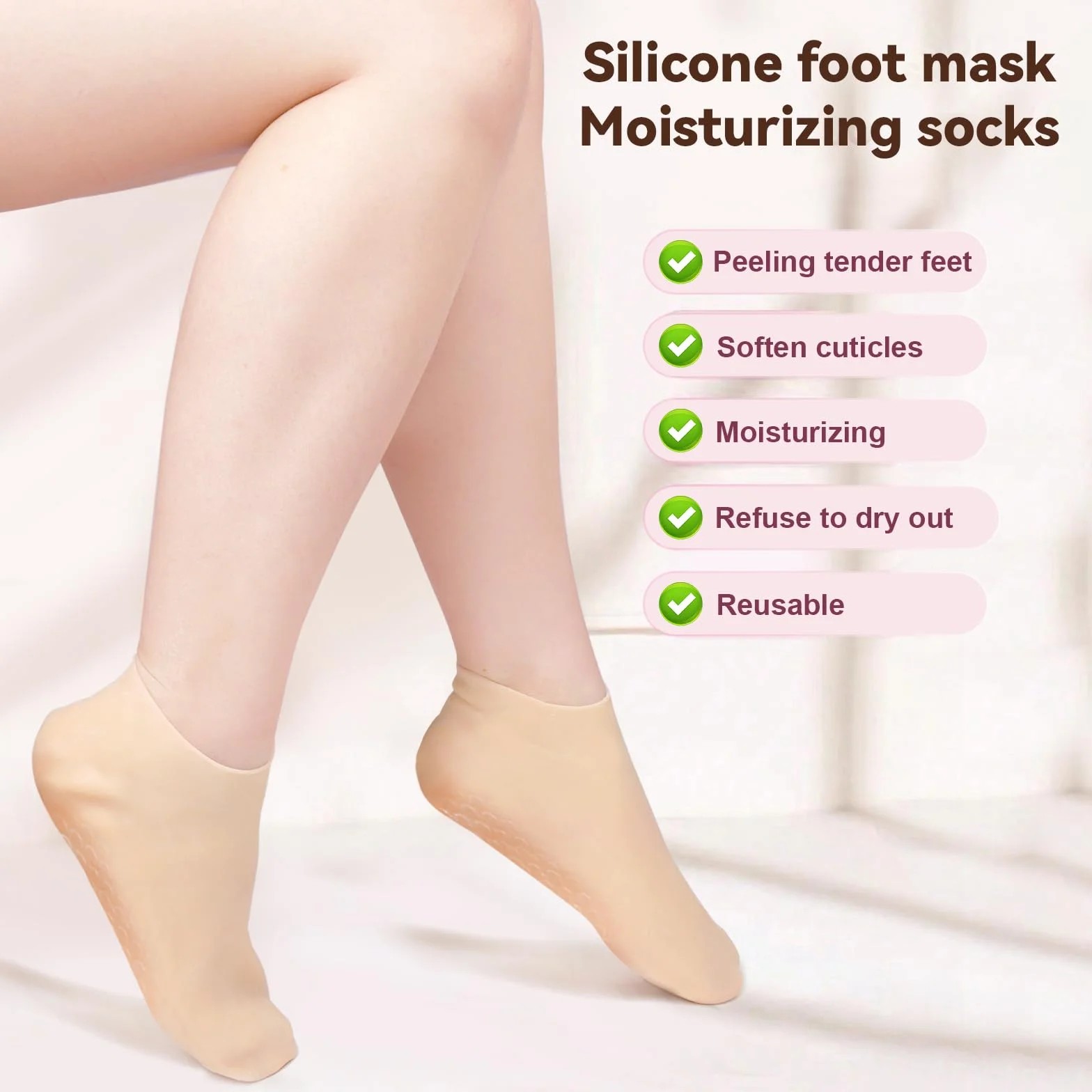 Chaussettes Hydratantes Pieds Secs Antidérapant Silicone Crevassés Peau Rugueuse Spa Beige