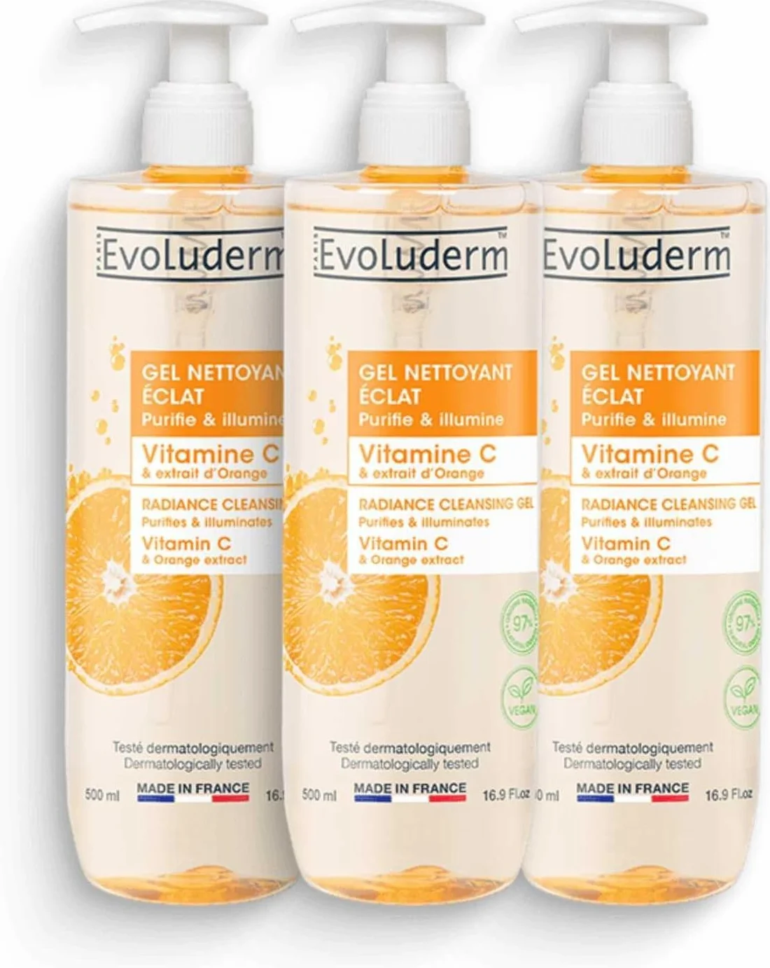 EVOLUDERM – Gel Nettoyant Éclat Vitamine C – 500 ml – 97% d’Origine Naturelle – Végan – Fabrication Française – Lot de 3 x 500 ml