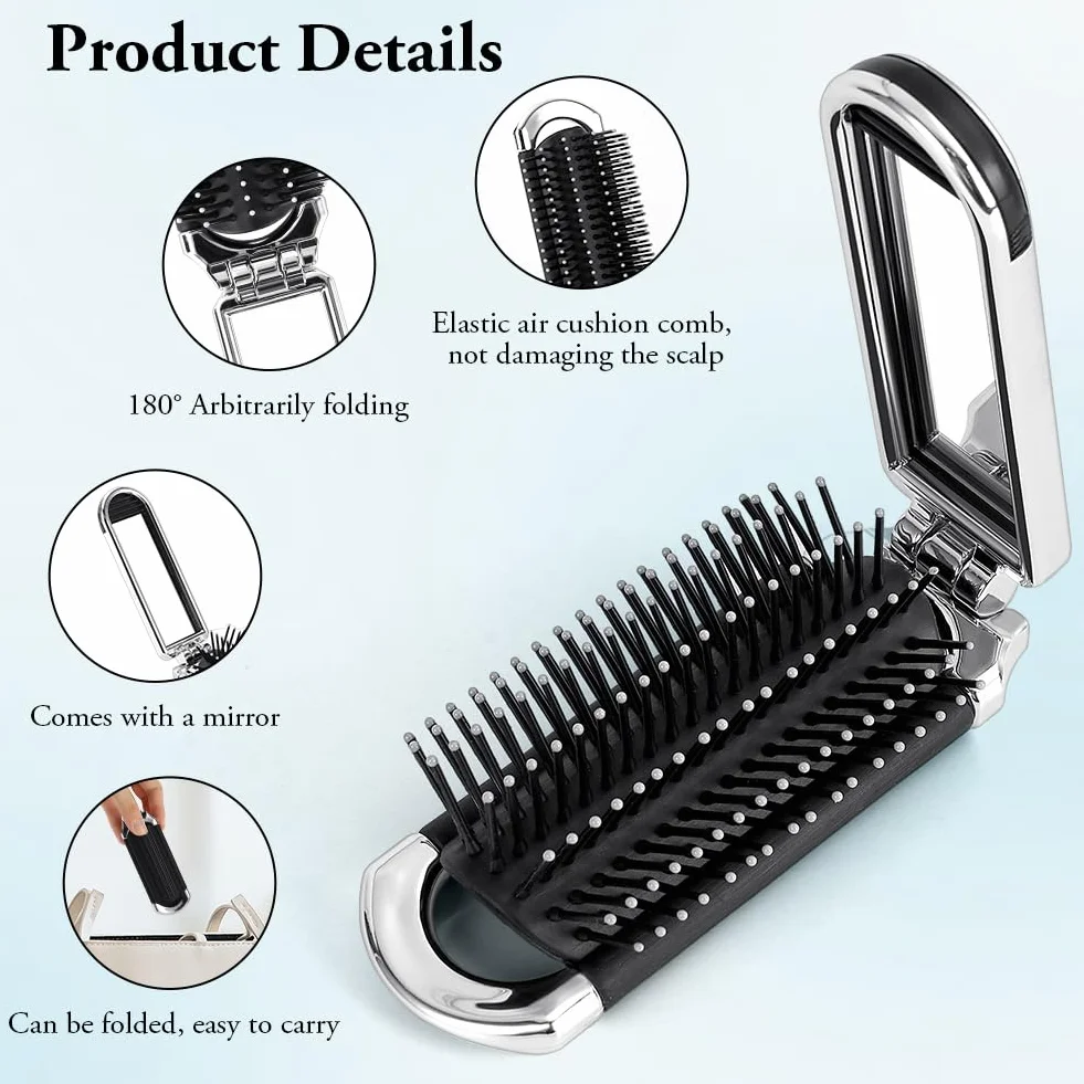 Brosse à Cheveux de Voyage Pliable avec Miroir, Mini Brosse de Poche pour Femme, Argent