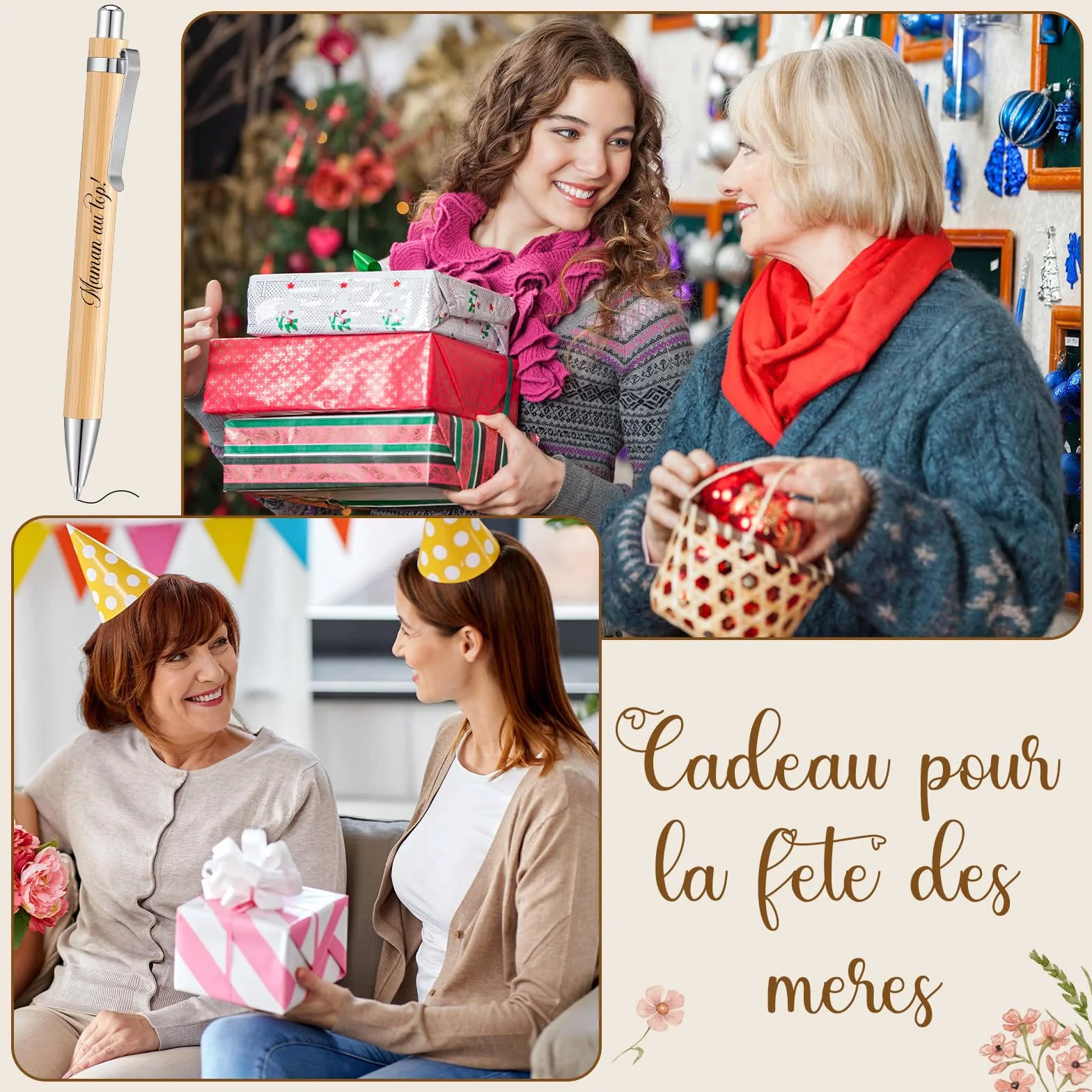 Coffret Cadeau pour Maman Trousse de Maquillage Porte-Clés Stylo à Bille Carte de vœux en Bois en Forme de cœur Enveloppes Fête des Mères Anniversaire Noël