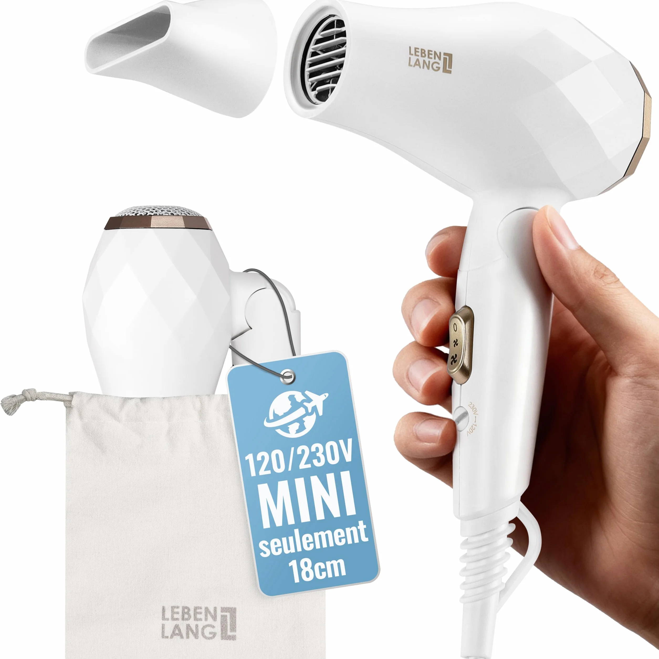 LEBENLANG Seche cheveux voyage pliable petit - 1000W & Double tension & Sac de voyage avec buse de coiffage inclus I Sèche cheveux ionique Hair dryer I Mini sechoir cheveux Séche cheveux leger