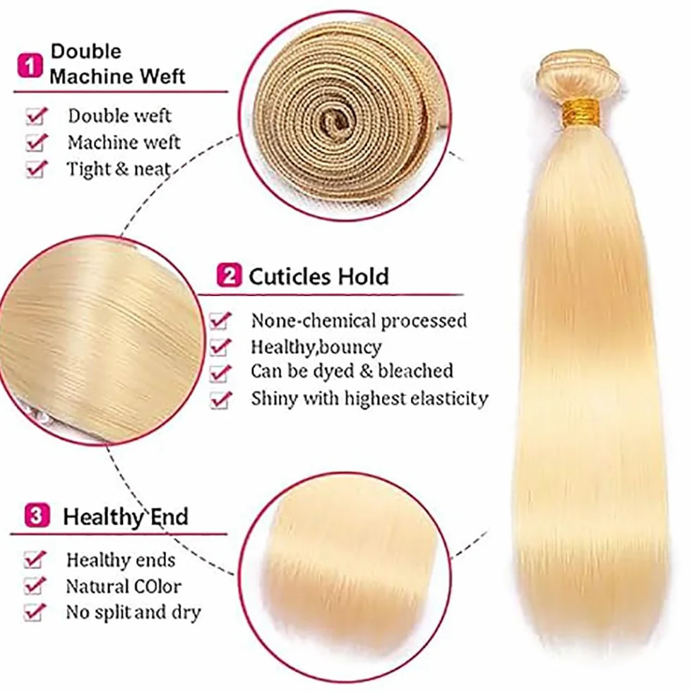 Human Hair Bundles Straight Tissage Naturel Cheveux Humain 100% Unprocessed Brésilienne Remy Virgin en lot Meches Weave Extensions Double Weft Color #613 Blonde 26 Pouces