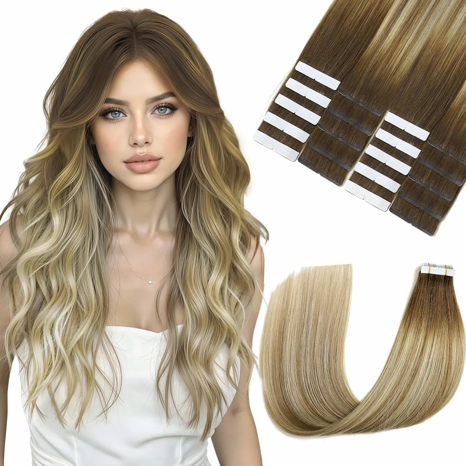 Sindra Extension Adhesive Cheveux Naturel, Brun à cendré Brun et blond 40CM Extension Bande Adhesive Cheveux Naturel 20PCS 50G (T40-3/8/22)