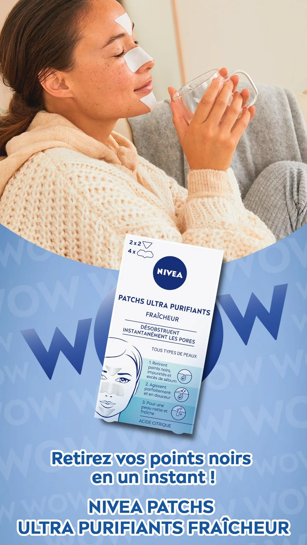NIVEA Patch Visage Ultra Purifiant Fraîcheur Désobstrue Pores Retire Points Noirs Impuretés Sébum Peau Purifiée Nette Fraîche Acide Citrique x6