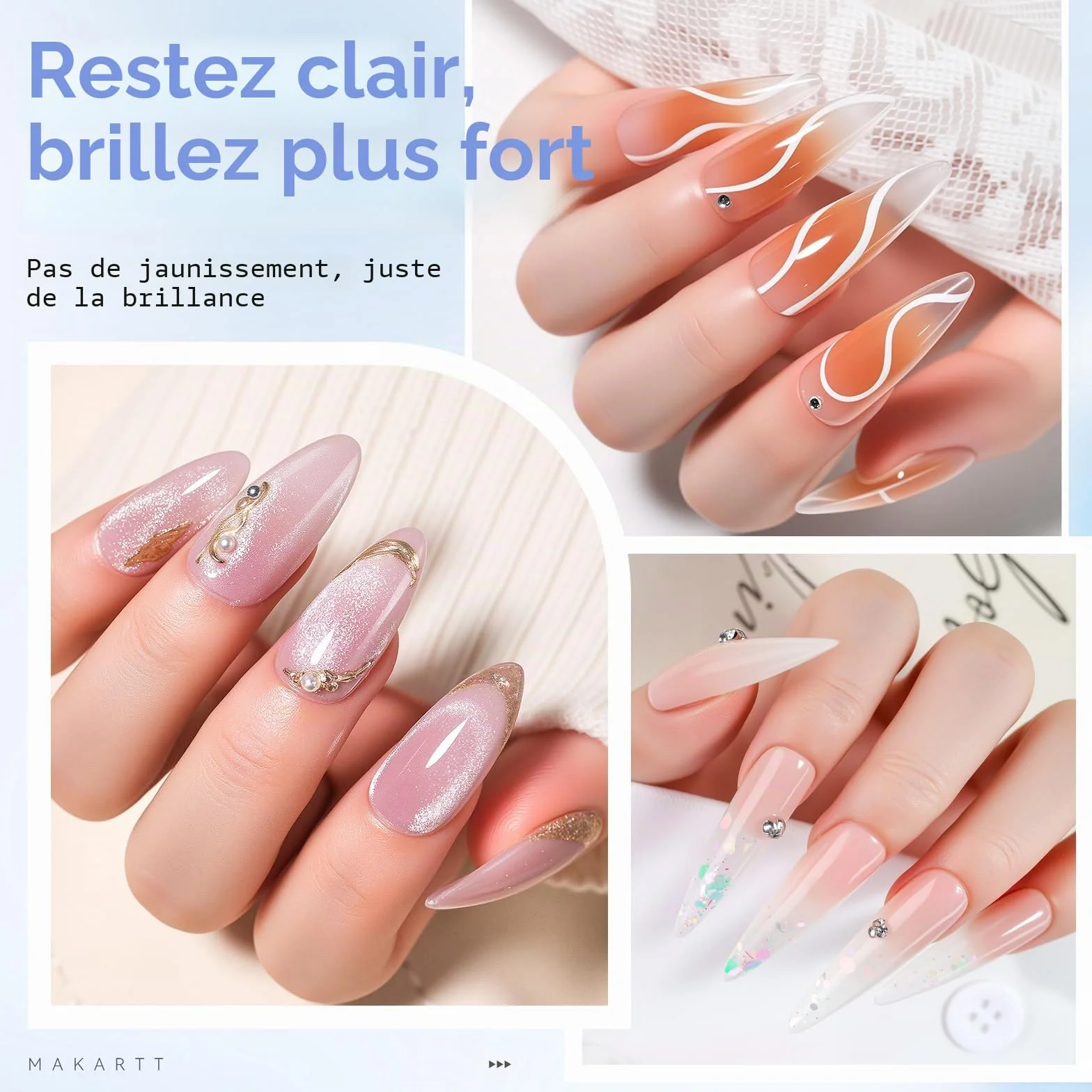 Makartt Top Coat Semi Permanent Base Top Coat Vernis à Ongles Gel Longue Tenue Finition Brillante Lampe UV LED Nécessaire 2Pcs