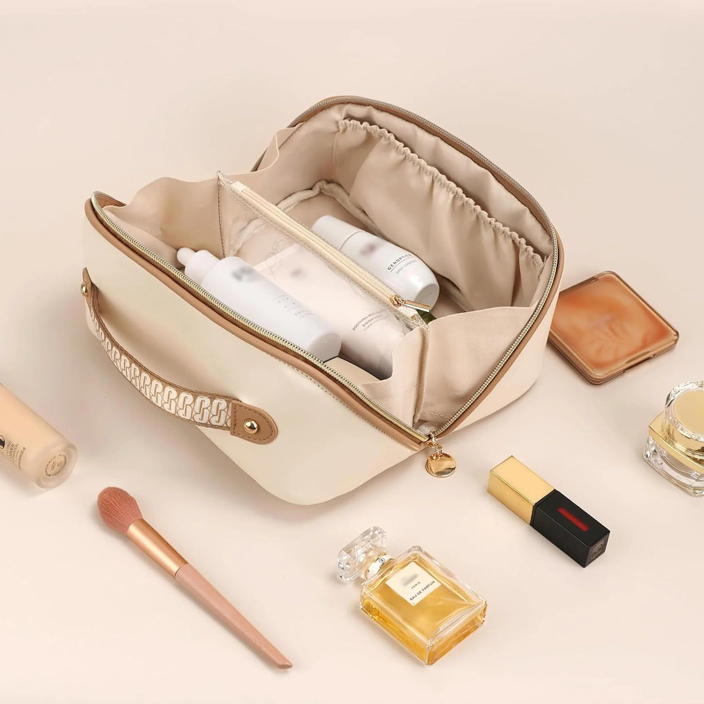 Prite Trousse de Maquillage en Cuir PU Imperméable pour Voyage avec Séparateur Transparent et Poignée Beige