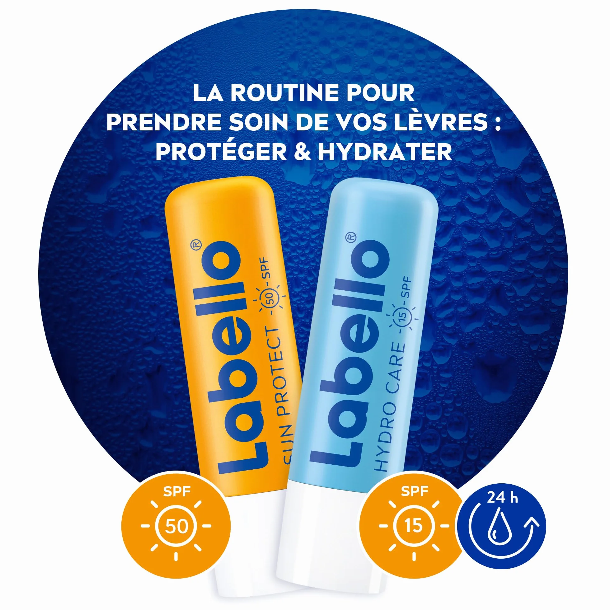 LABELLO Lot de 2 stick à lèvres Sun Protect FPS 30 & Hydro Care FPS 15, baume à lèvres protection UVA/UVB hydratation 24h vitamines C & E