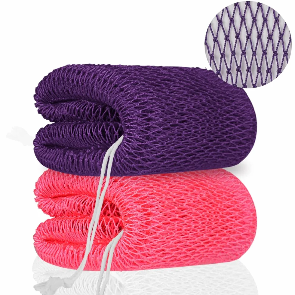 Filet de Douche Africain Exfoliant, Éponge de Gommage Corps Nylon Séchage Rapide, 2 Pièces Rose Clair Violet Foncé