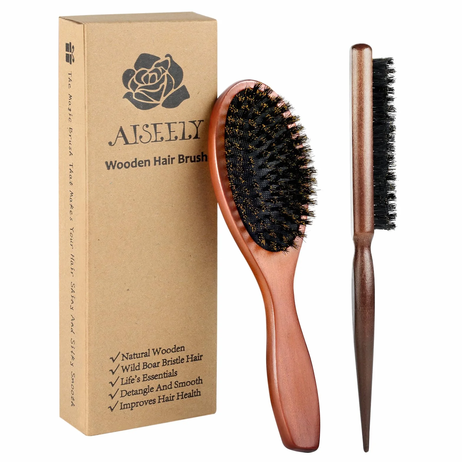 Brosse à Cheveux en Poils de Sanglier Antistatique Anti-Frisottis AISEELY 2 Pièces