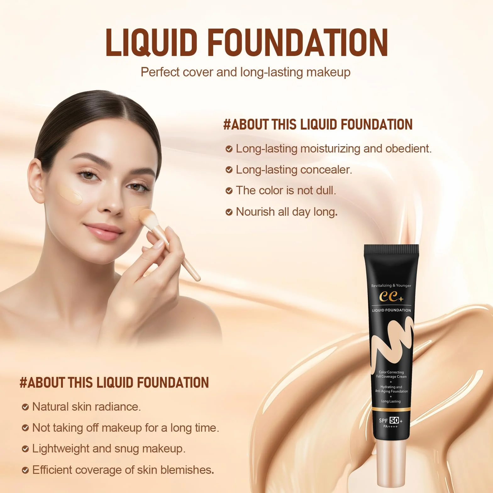 Crème CC SPF 50 Fond de Teint Couvrant pour Peau Parfaite Protection Solaire Haute
