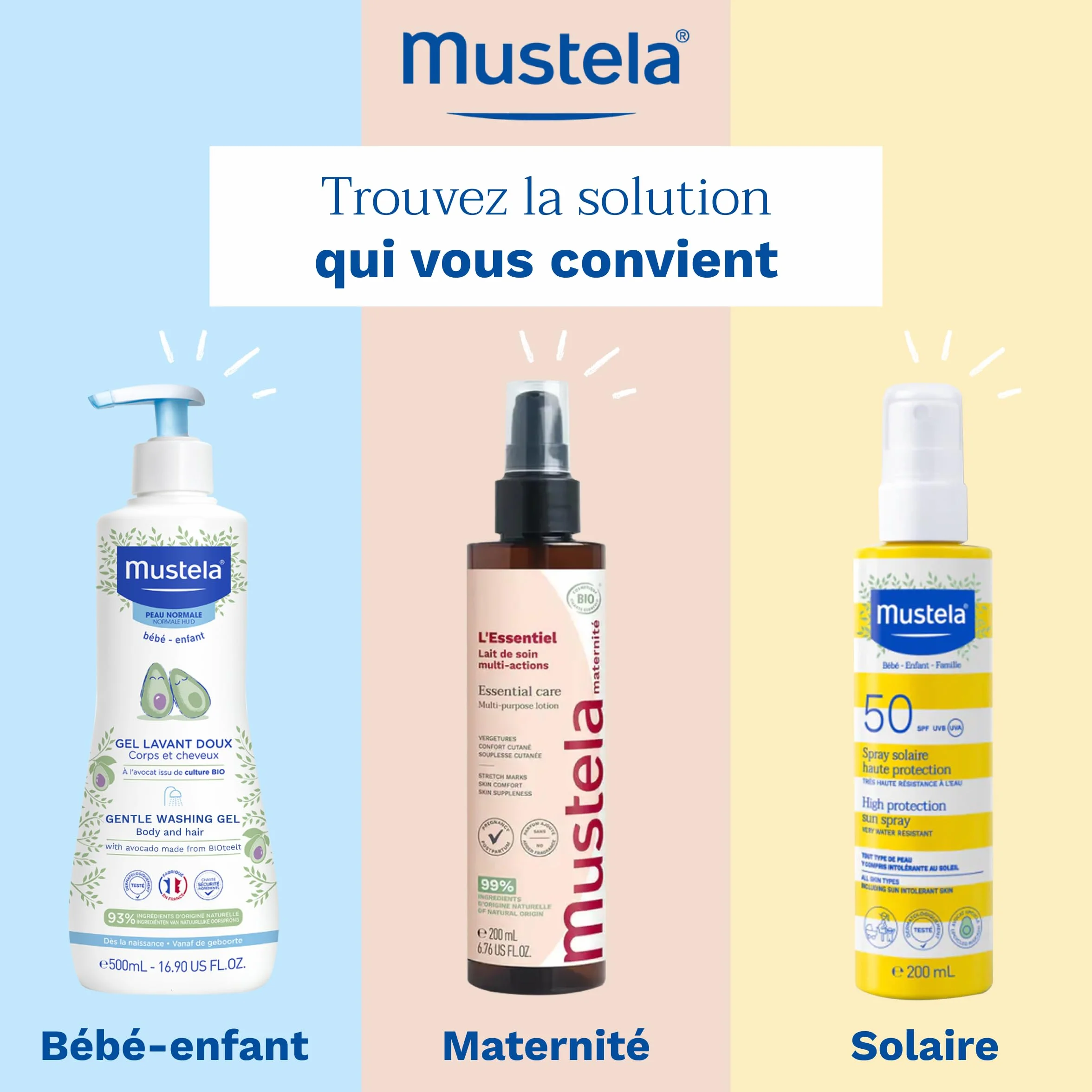 Mustela Stick Solaire SPF 50 Famille Haute Tolérance Protection Visage Corps Huile d'Avocat Résistant Eau Sable 9 ml