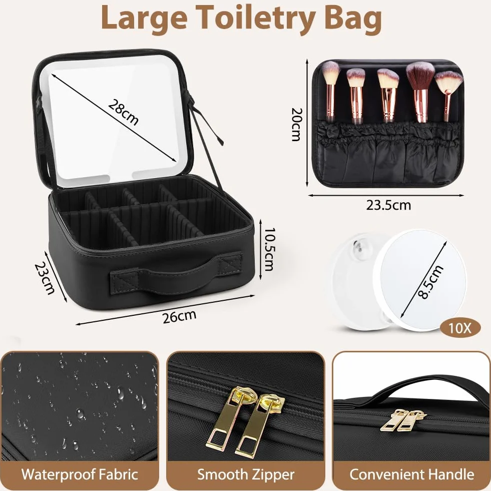 Trousse de Maquillage avec Miroir Lumière LED 3 Couleurs, Séparateurs Réglables, Voyage Portable Grande Capacité, Noir