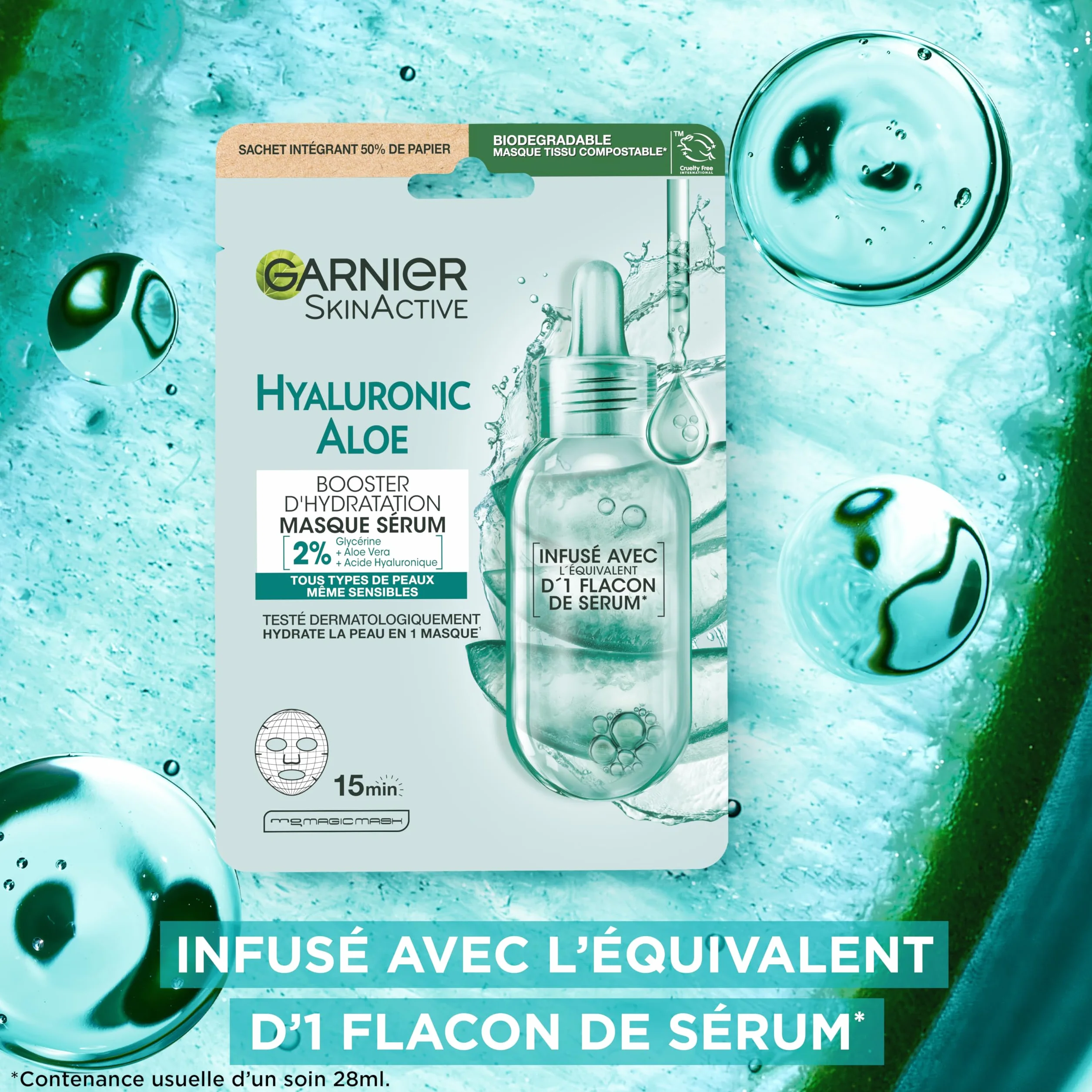 GARNIER Skin Active Masque Tissu Booster d'Hydratation Acide Hyaluronique Glycérine Aloe Vera Peaux Sèches & Sensibles