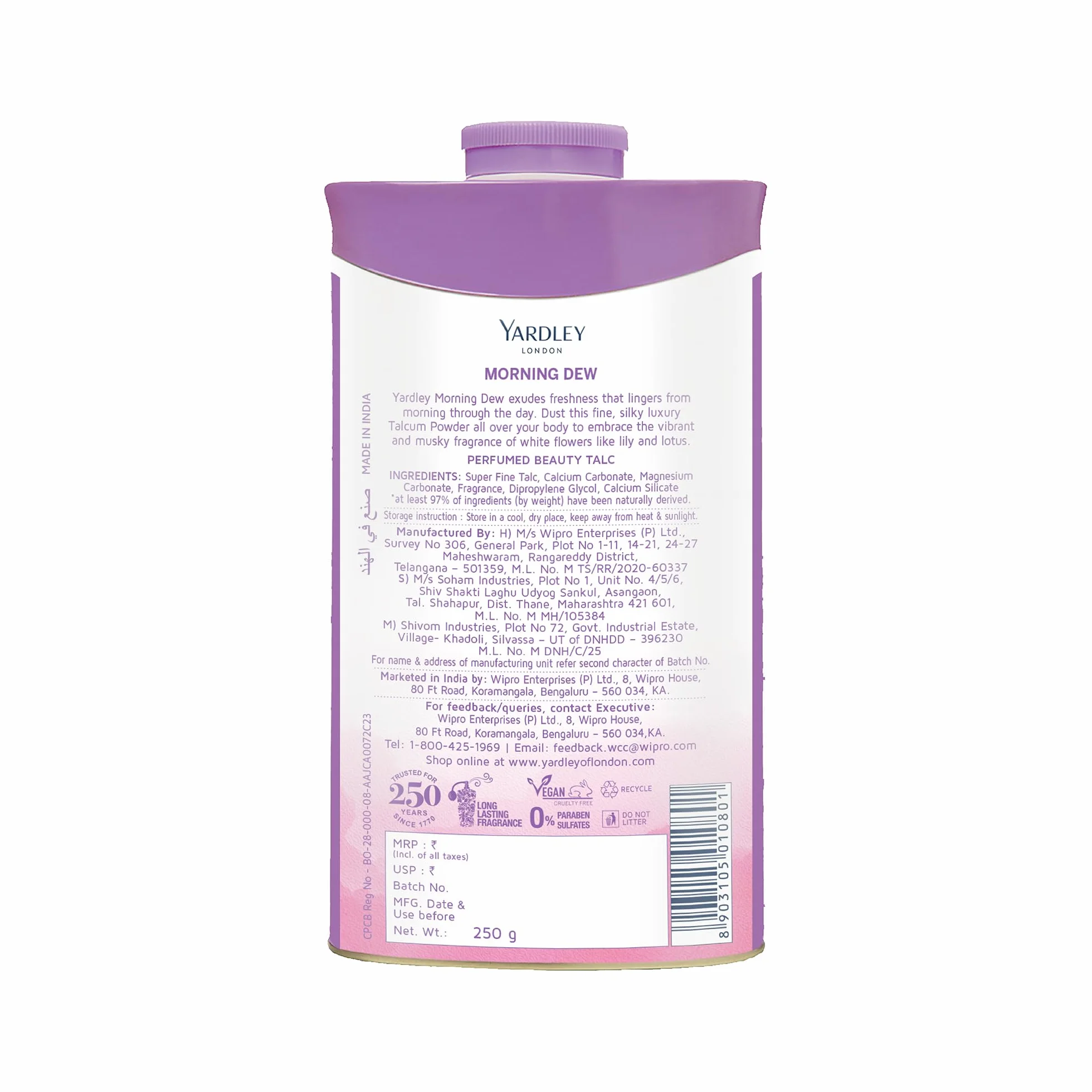 Yardley London Morning Dew Talc parfumé pour femme 250 g