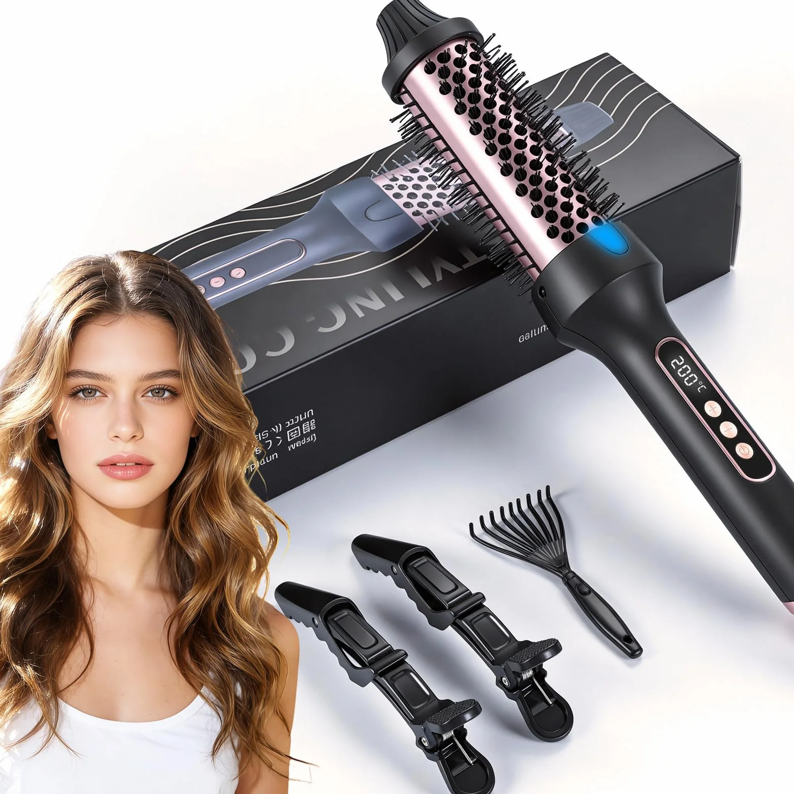 Brosse Chauffante Céramique, 38 mm Thermal Brush 3 in 1, LCD 100-210 °C,Lissage, Boucles Souples, Volume, Design Ionique Anti-Frisottis,5 Réglages de Température,Chauffage Rapide (Style 1)