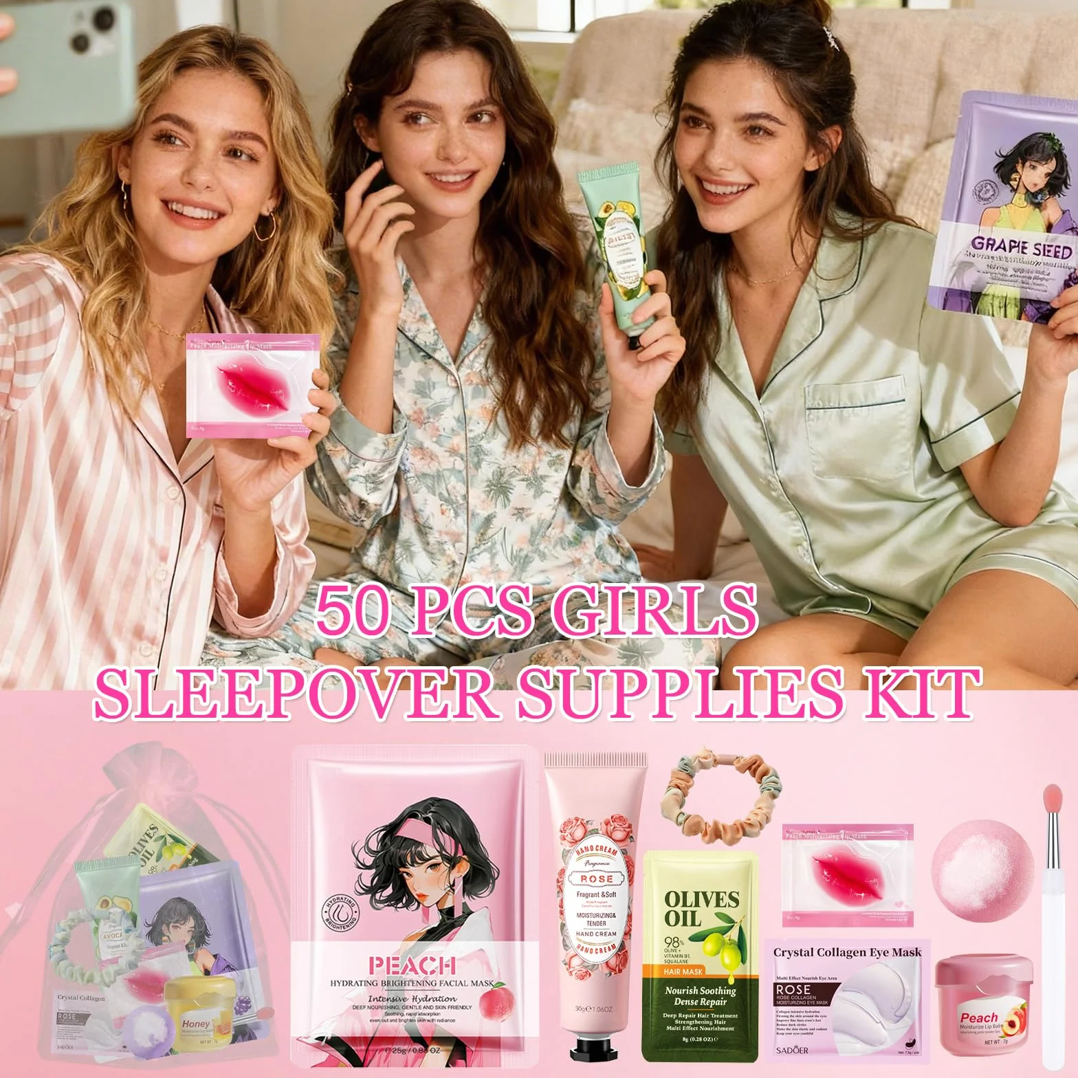 Coffret Cadeau Femme Spa 50 Pièces Bain Soins Masques Visage Patchs Yeux Crème Mains Baume Lèvres Bombes Bain Élastiques