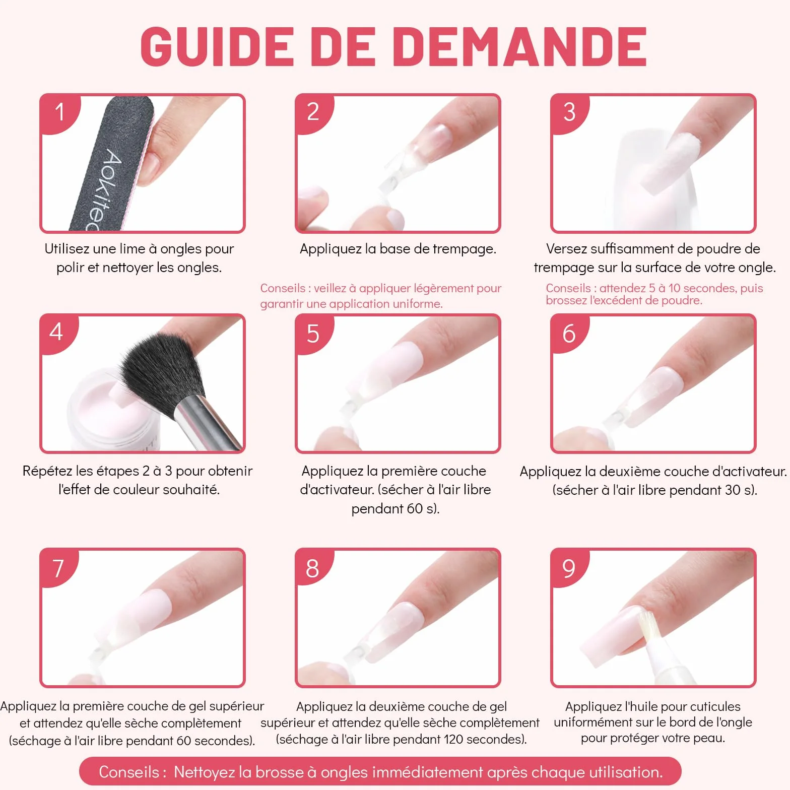 Aokitec Kit de poudre à ongles 4 couleurs, poudre à tremper paillettes blanc rose avec base liquide