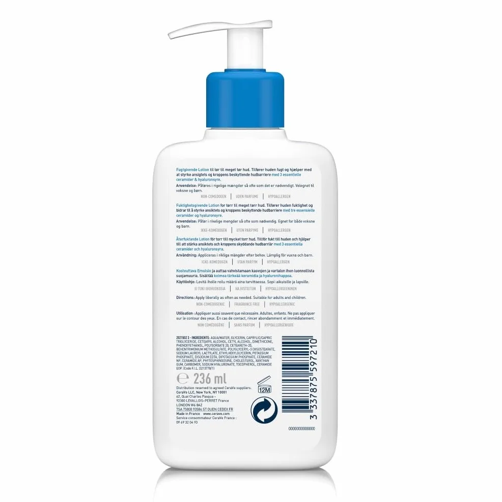 CeraVe Lait Hydratant Visage & Corps 236 ml Acide Hyaluronique 3 Céramides Essentiels Peau Sèche