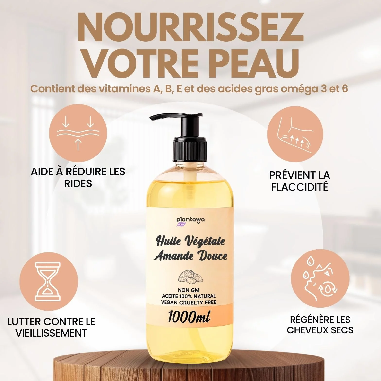 PLANTAWA Huile d'amande douce 1 l BIO avec dosificateur