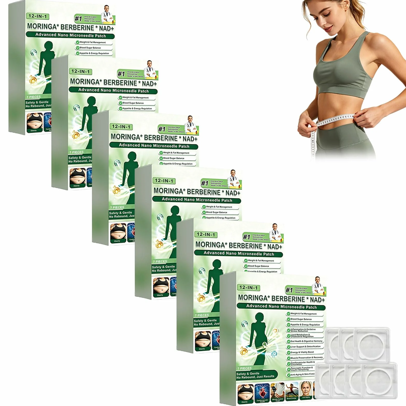 6 Boîtes Moringa x Berberine Patch 12 en 1 avec NAD+, 6cm Grande Patche, Patch Nano Microneedle Minceur, Ingrédients Naturels, Doux & Efficace, Invisible Sous les Vêtements,pour Homme&Femme (6Boîtes)